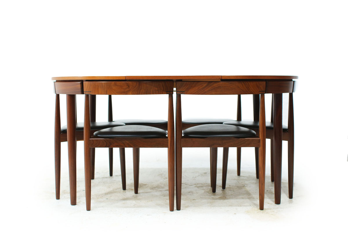 Danish Designer Hans Olsen Teakwood Mid Century Modern Nesting Dining Set with 6 Chairs with vinyl cushions
