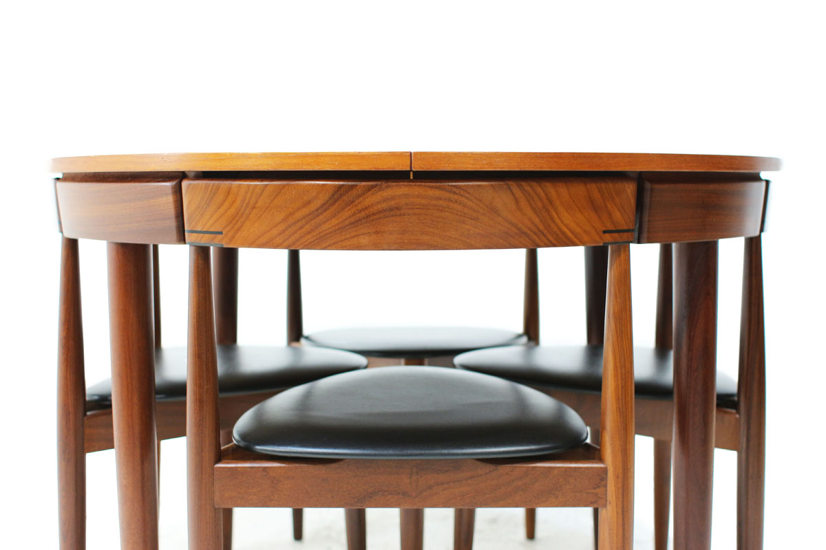 Danish Designer Hans Olsen Teakwood Mid Century Modern Nesting Dining Set with 6 Chairs with vinyl cushions