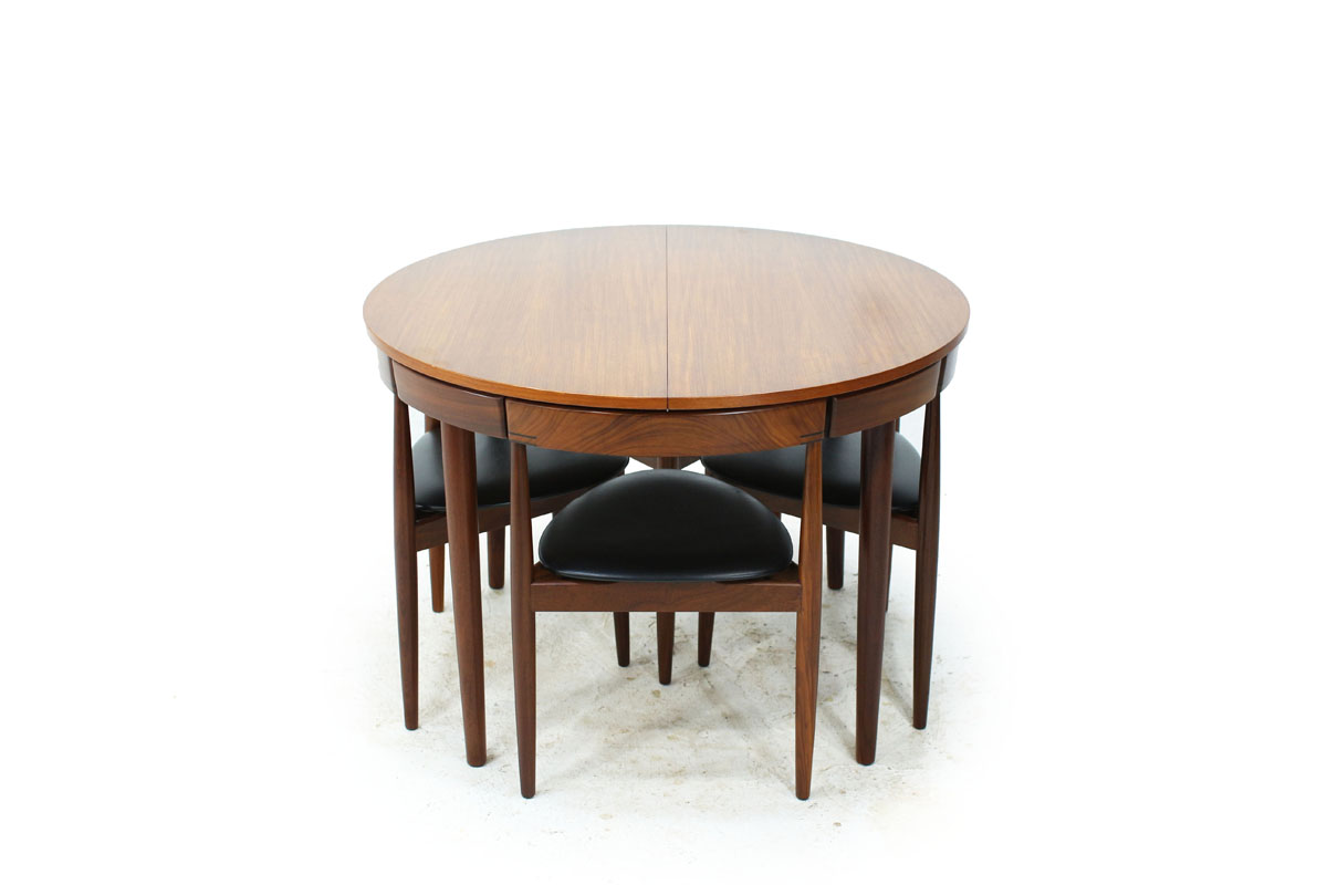 Danish Designer Hans Olsen Teakwood Mid Century Modern Nesting Dining Set with 6 Chairs with vinyl cushions