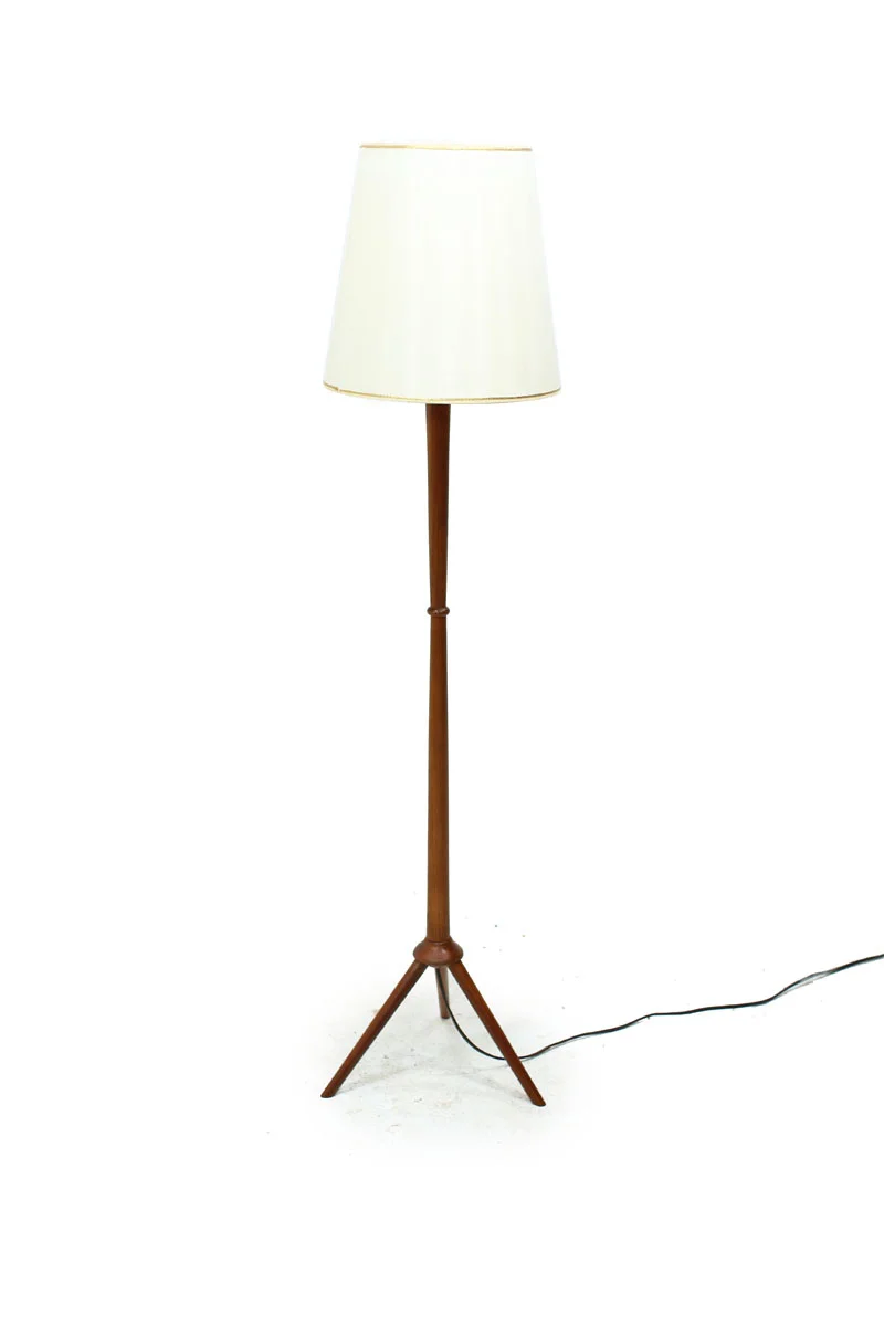 Teak Wood Mid Century Modern Floor Lamp with tripod legs