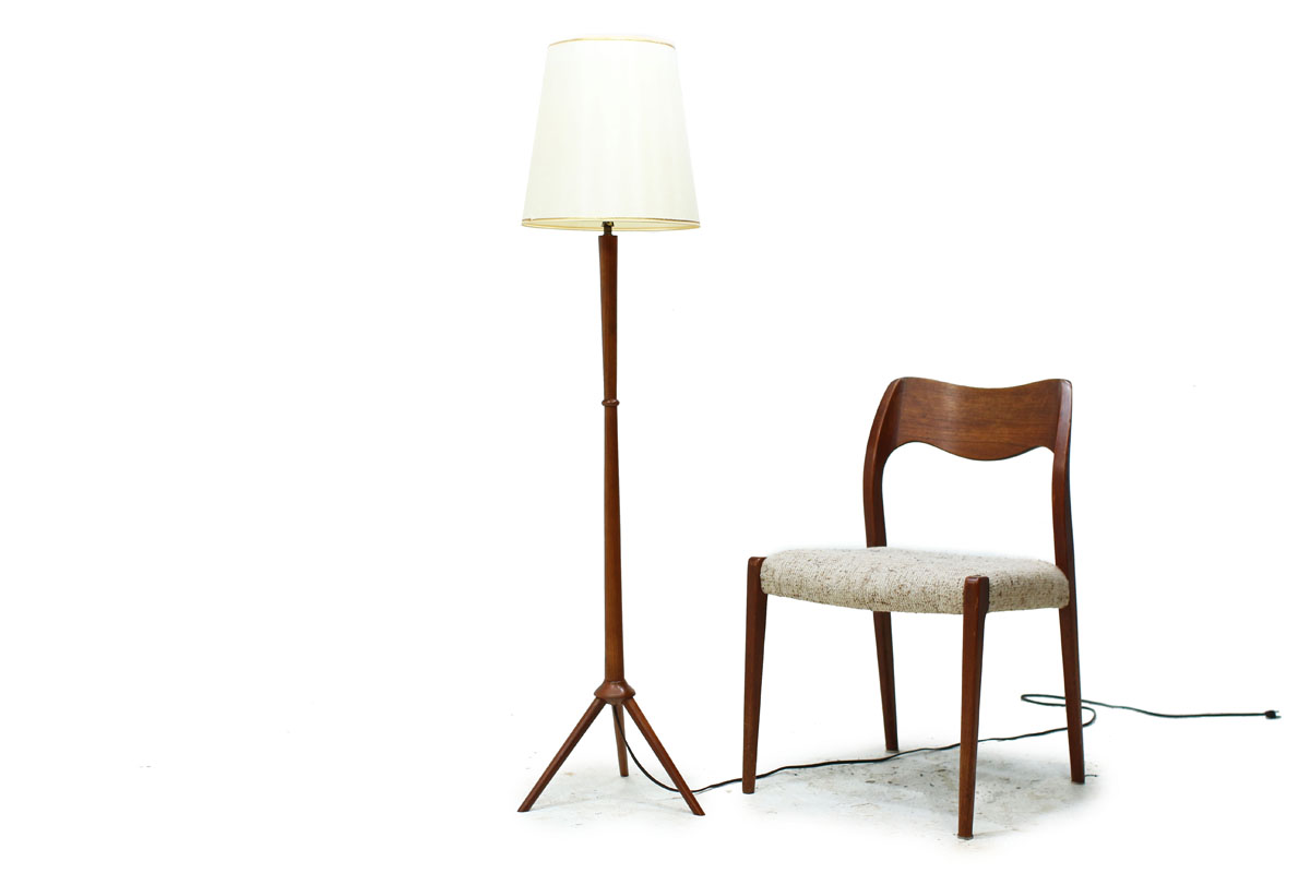 Teak Wood Mid Century Modern Floor Lamp with tripod legs