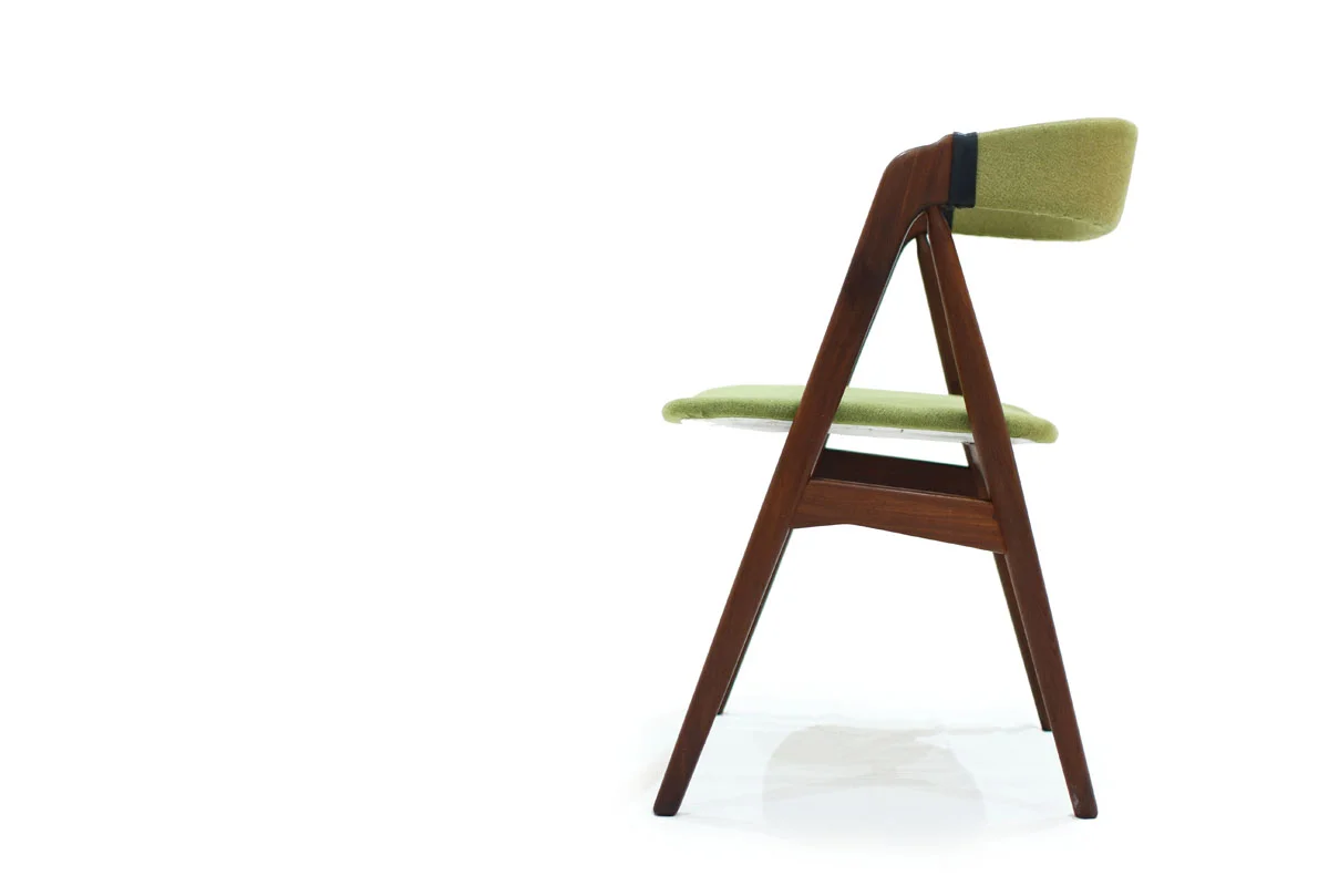Single Mid Century Modern Teak Wood Designer Chair by TH Harlev with Green Fabric and Leather