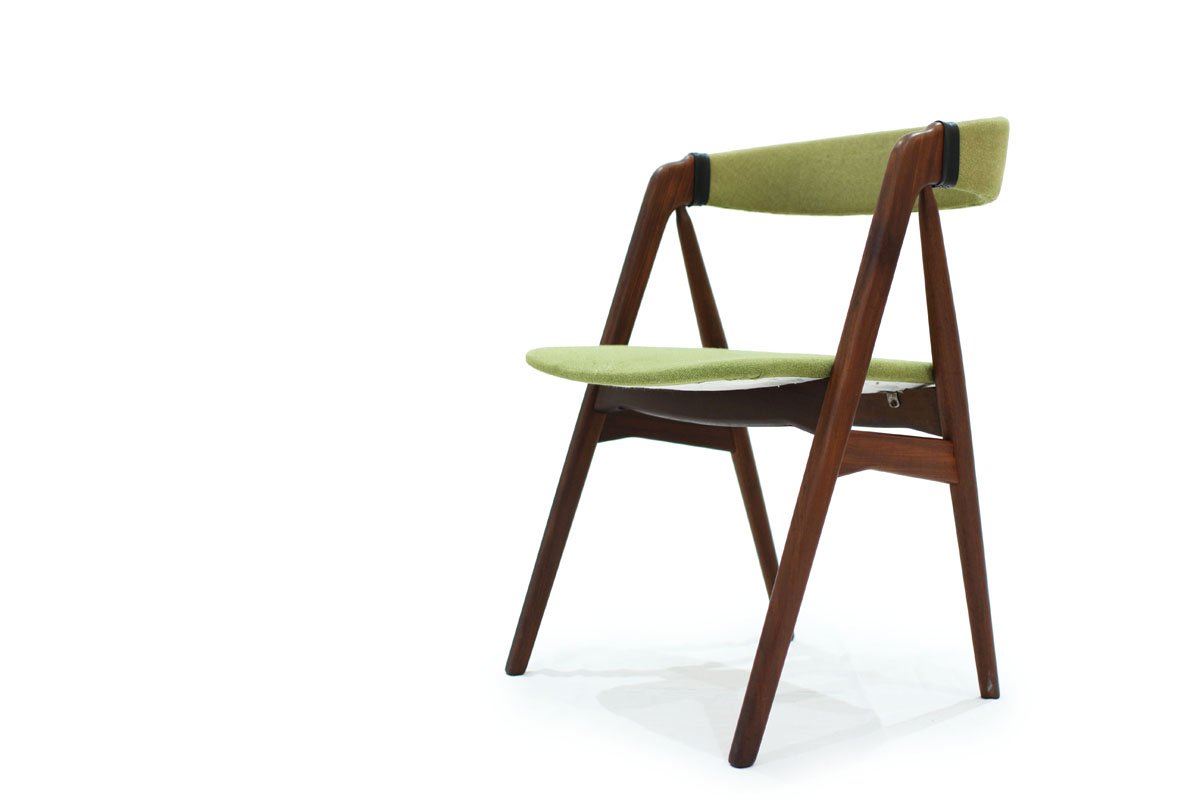 Single Mid Century Modern Teak Wood Designer Chair by TH Harlev with Green Fabric and Leather