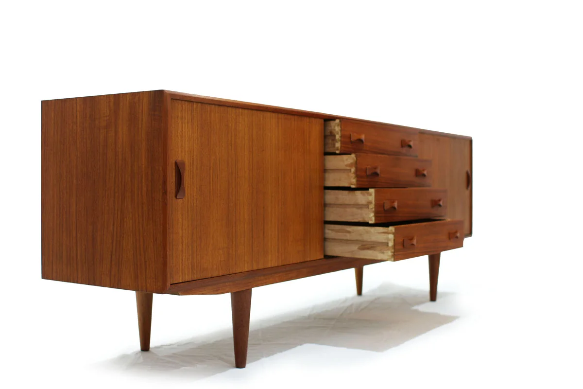 MCM Scandinavian 1960's Teakwood Sideboard by Designer Clausen and Son with tapered legs