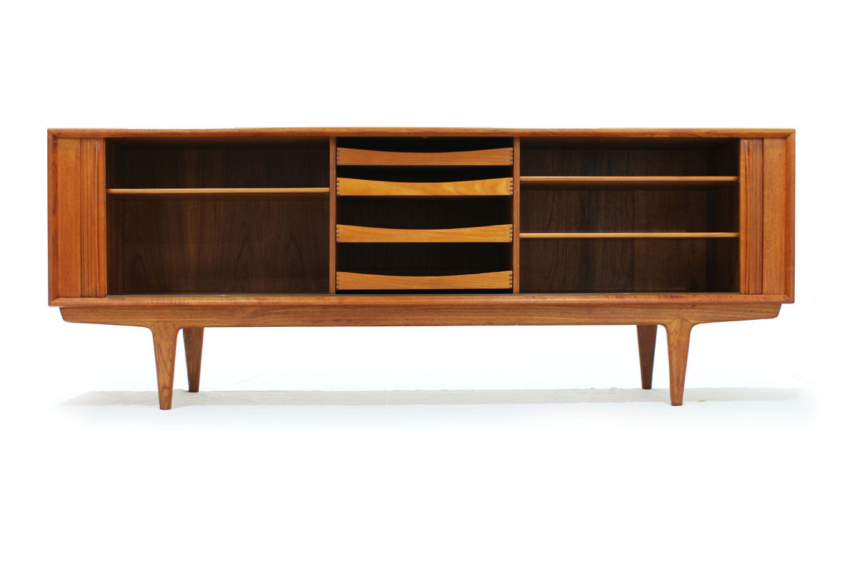 Danish Teak wood Tambour 2 Door MCM Sideboard / Credenza by Bernhard Pedersen & Son