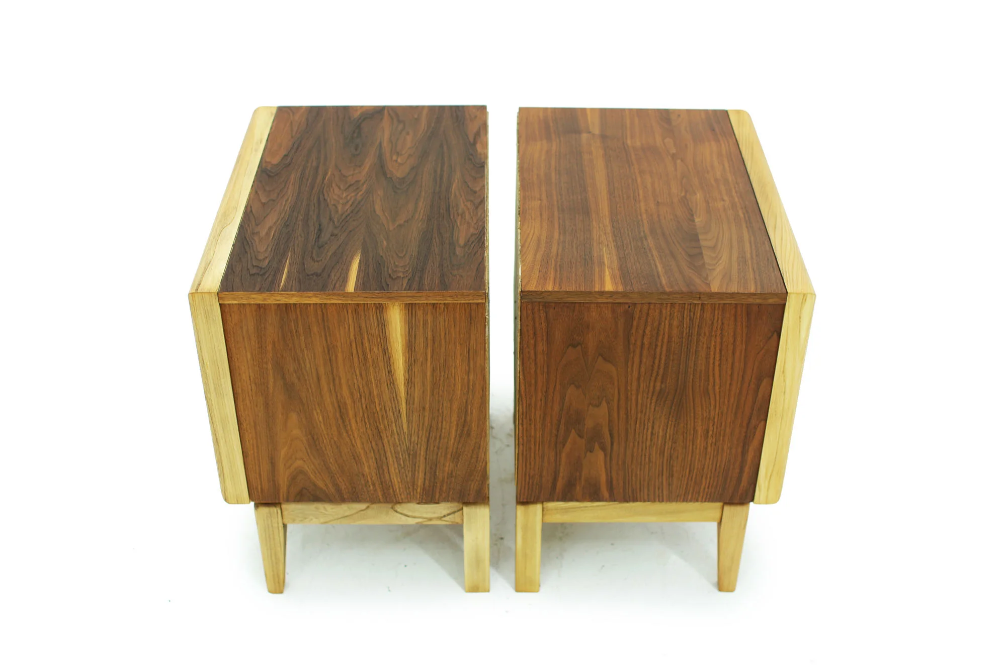 Pair of Walnut MCM Nightstands with diamond pattern drawers and two tone fronts fully refinished (1).jpg