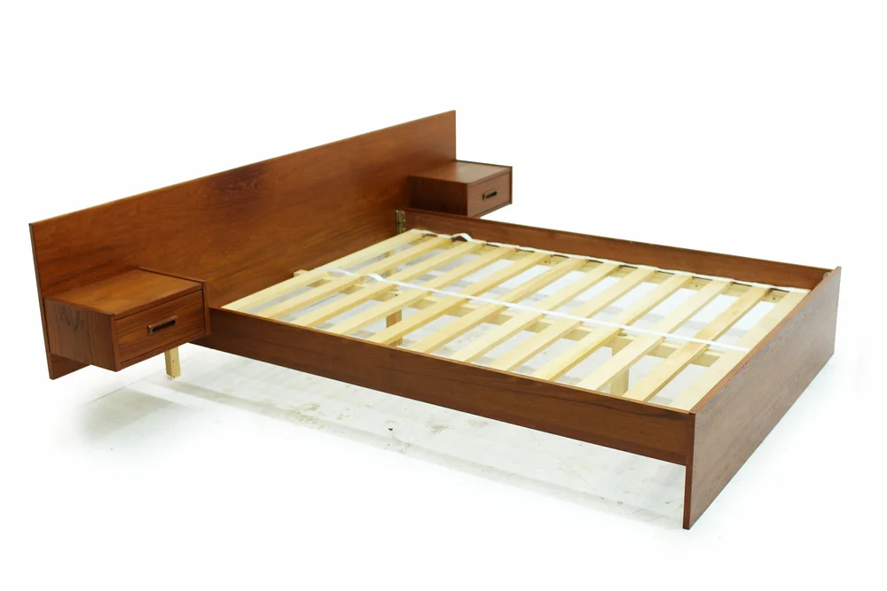 Mid Century Teak Double Platform Bed With Attached Nightstands Item 0611 Furniture 1950 Modern Oshawa Toronto Mid Century Teak Double Platform Bed, Modern King Bed With Attached Nightstands