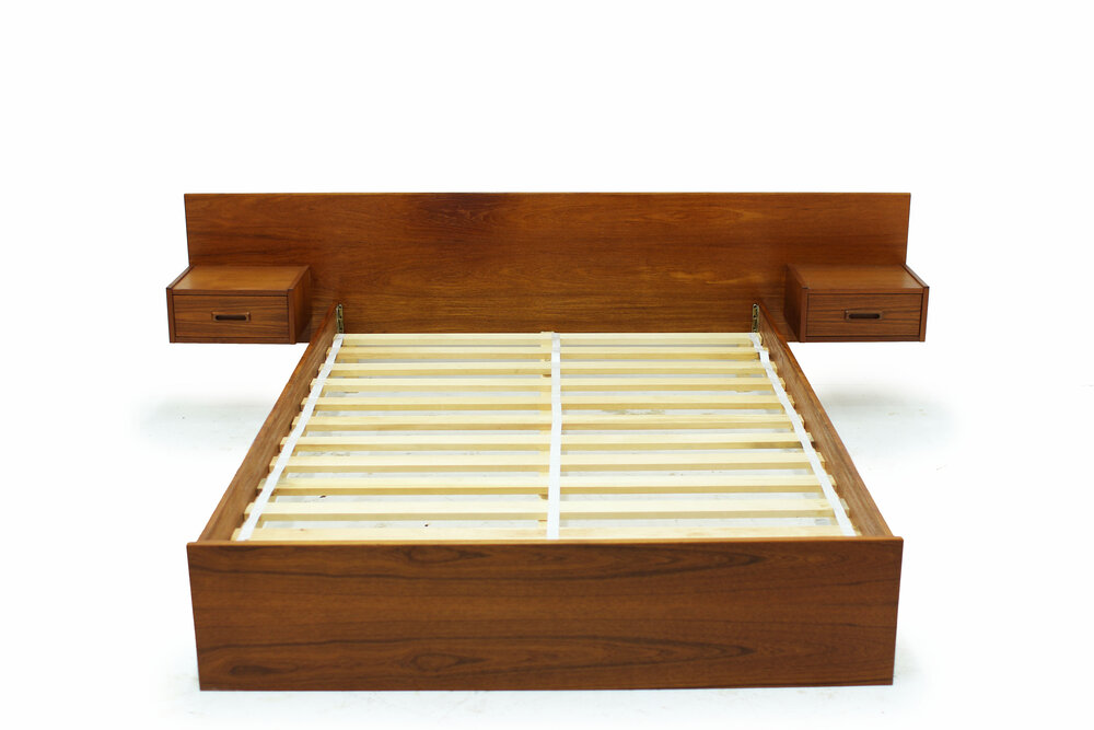 Mid Century Teak Double Platform Bed, Bed Frame With Nightstand Attached