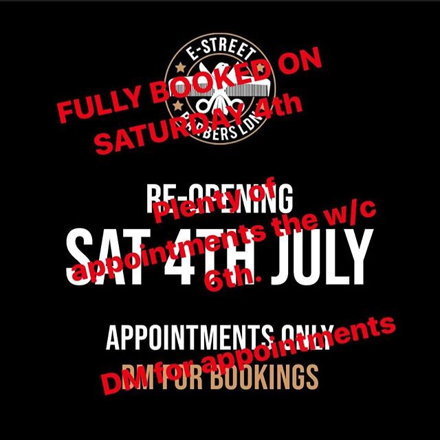 We&rsquo;re now fully booked on Saturday but still have plenty of appointments for the week after!

Due to social distancing we will initially be opening for appointments only. To book an appointment please DM us on here. 
Following guidelines we wil