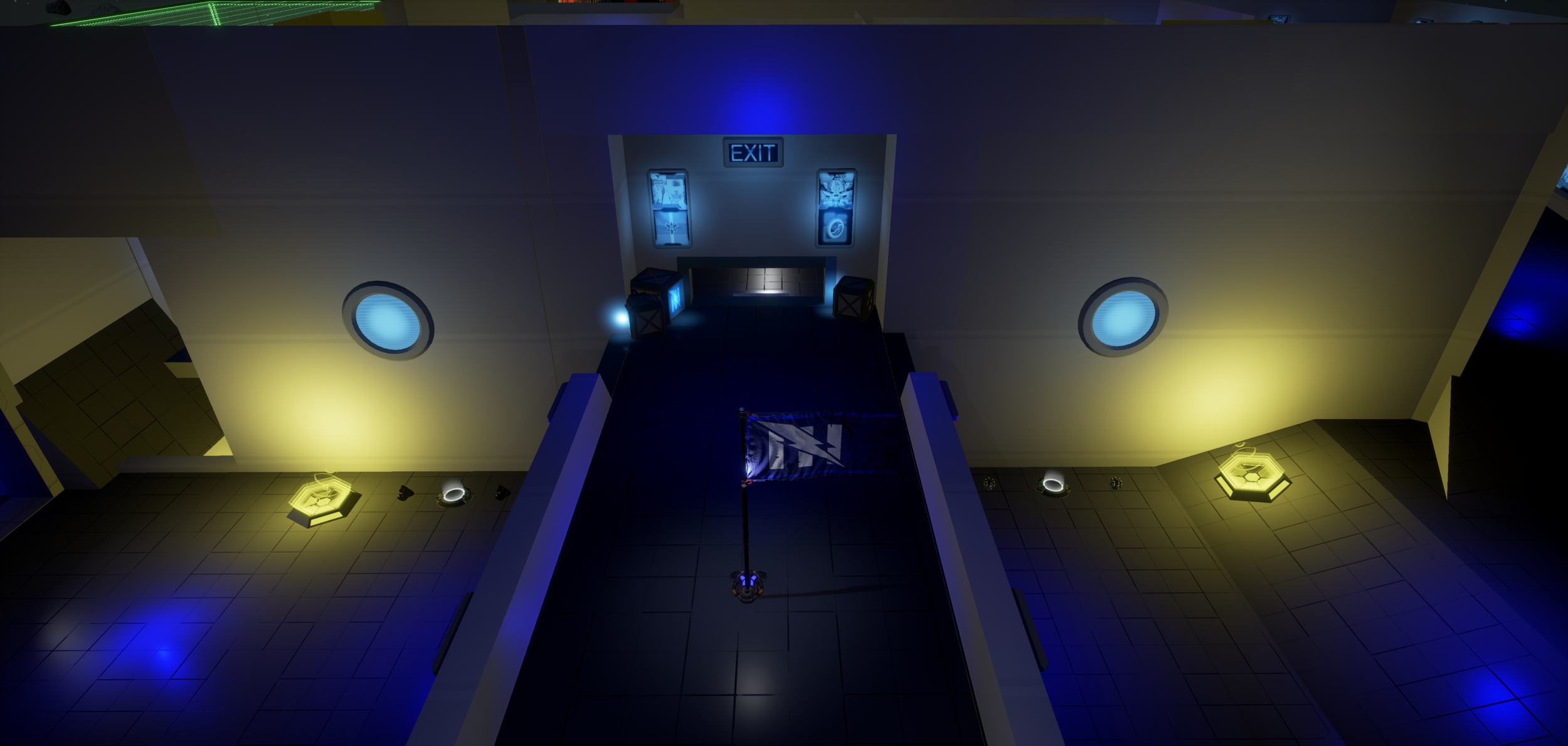 Figure 2: A view of the flag room from above the elevator entrance seen on the left in Figure 3, now showing the point of exit available through a slide.