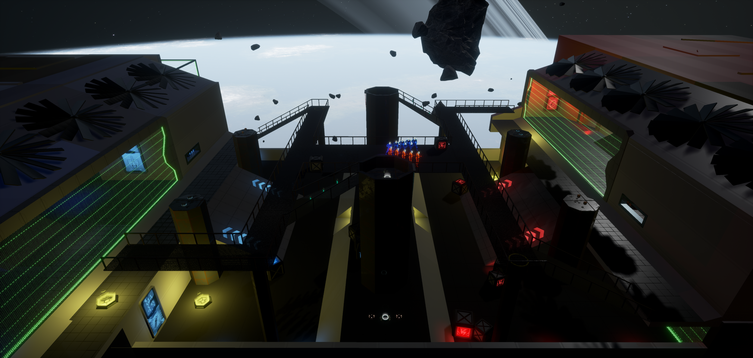Figure 4:The low-gravity arena, showing the catwalk, pillars used for cover and entrances/exits to the bases.