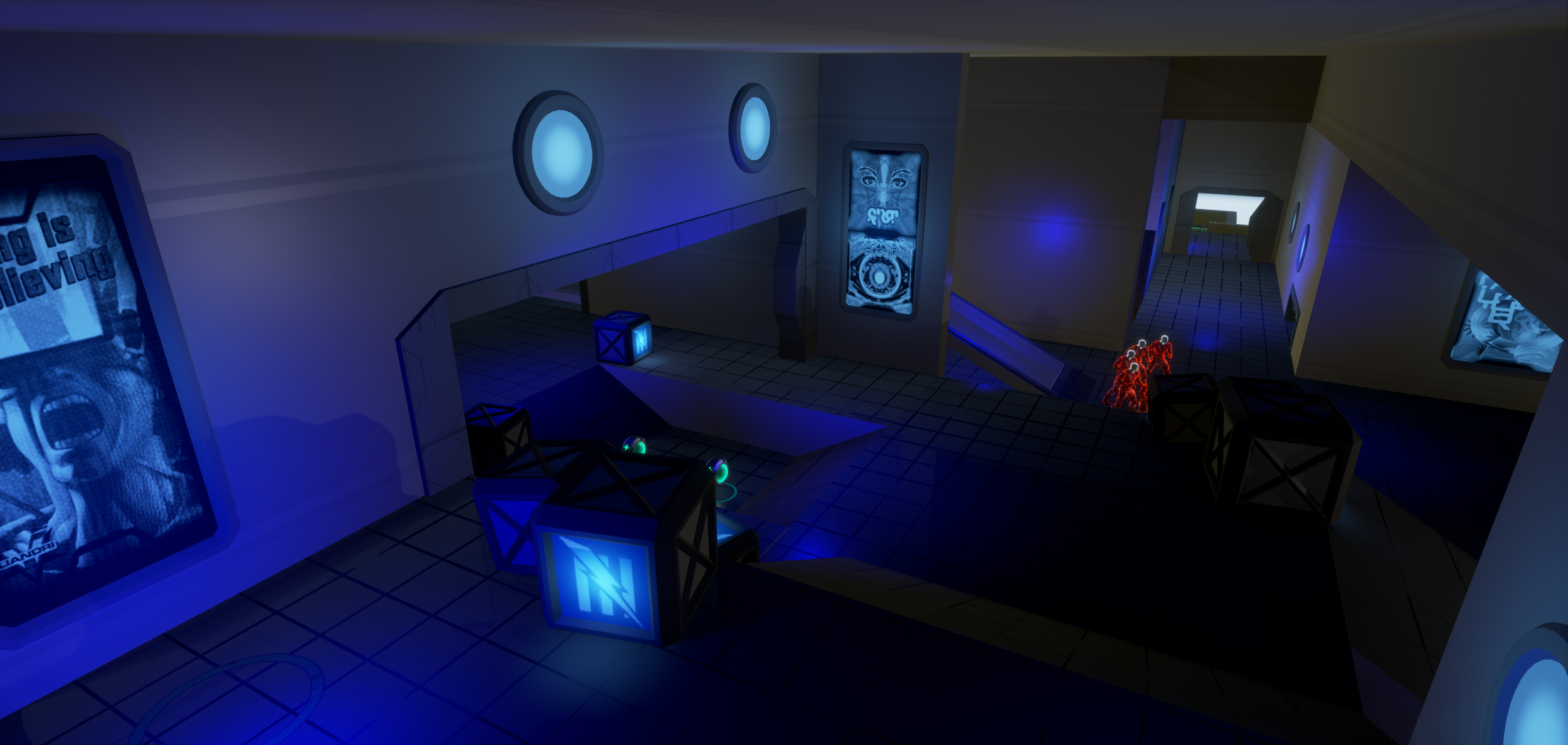 Figure 5: The forward defending area, imagined as a cargo bay. Exit to the center arena to the right and a passage leading further into Blue Base on the left, shock rifle outpost behind camera.