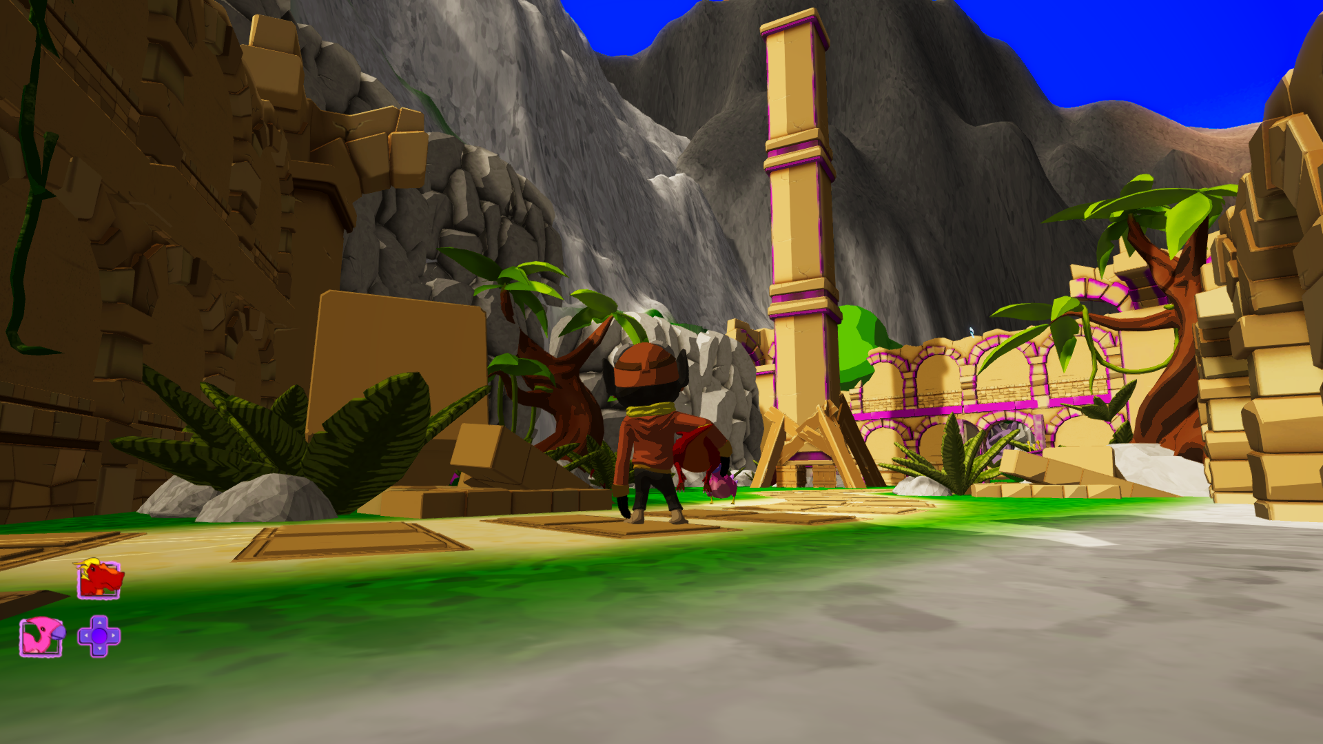 Figure 5: A pillar with purple markings, indicating interactivity, stood upon wooden boxes, practically screaming "burn us".