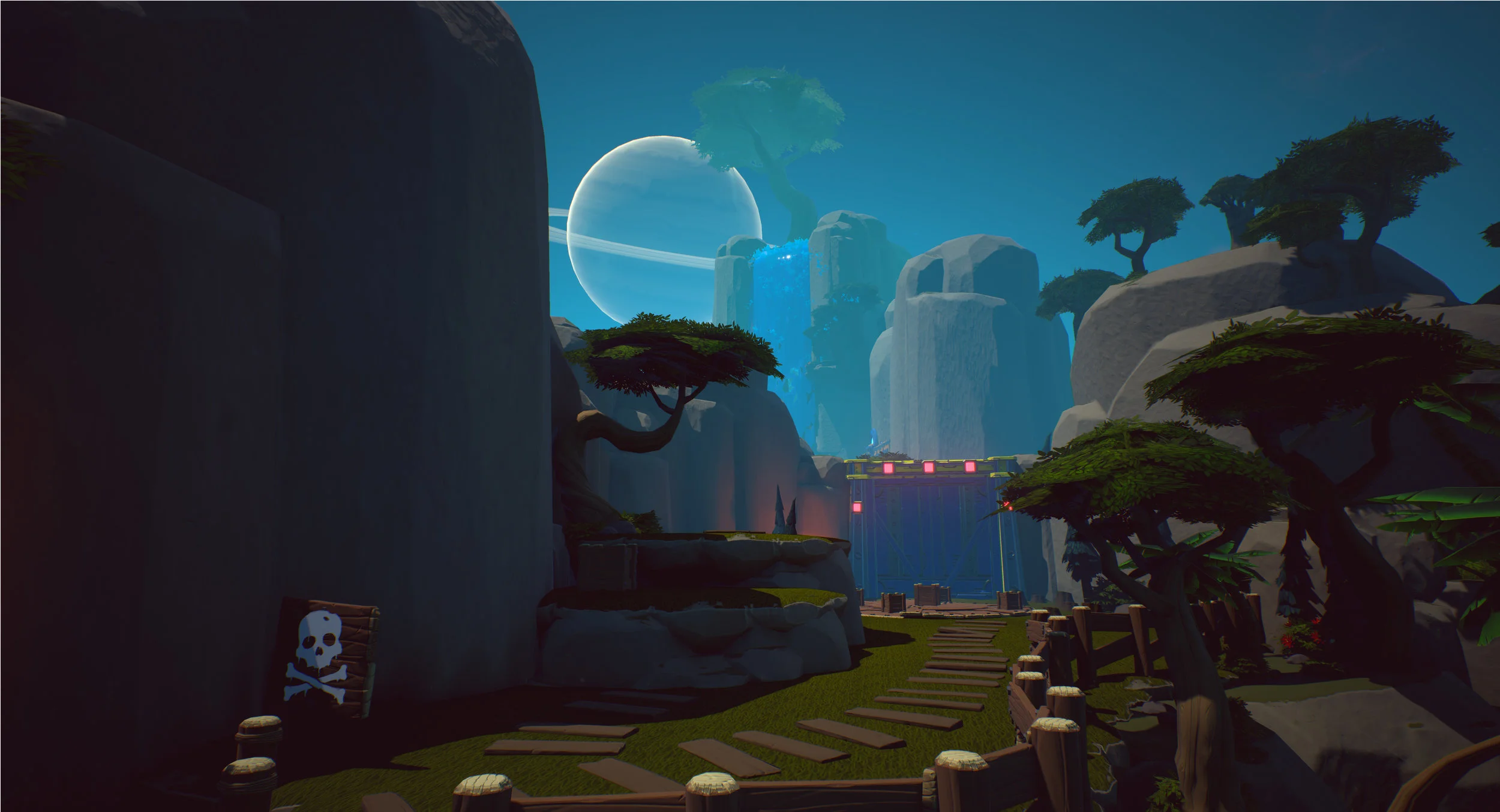 Figure 2: The view of the first arena of the easy path as well as a reminder of the Great Tree as an objective. //EP
