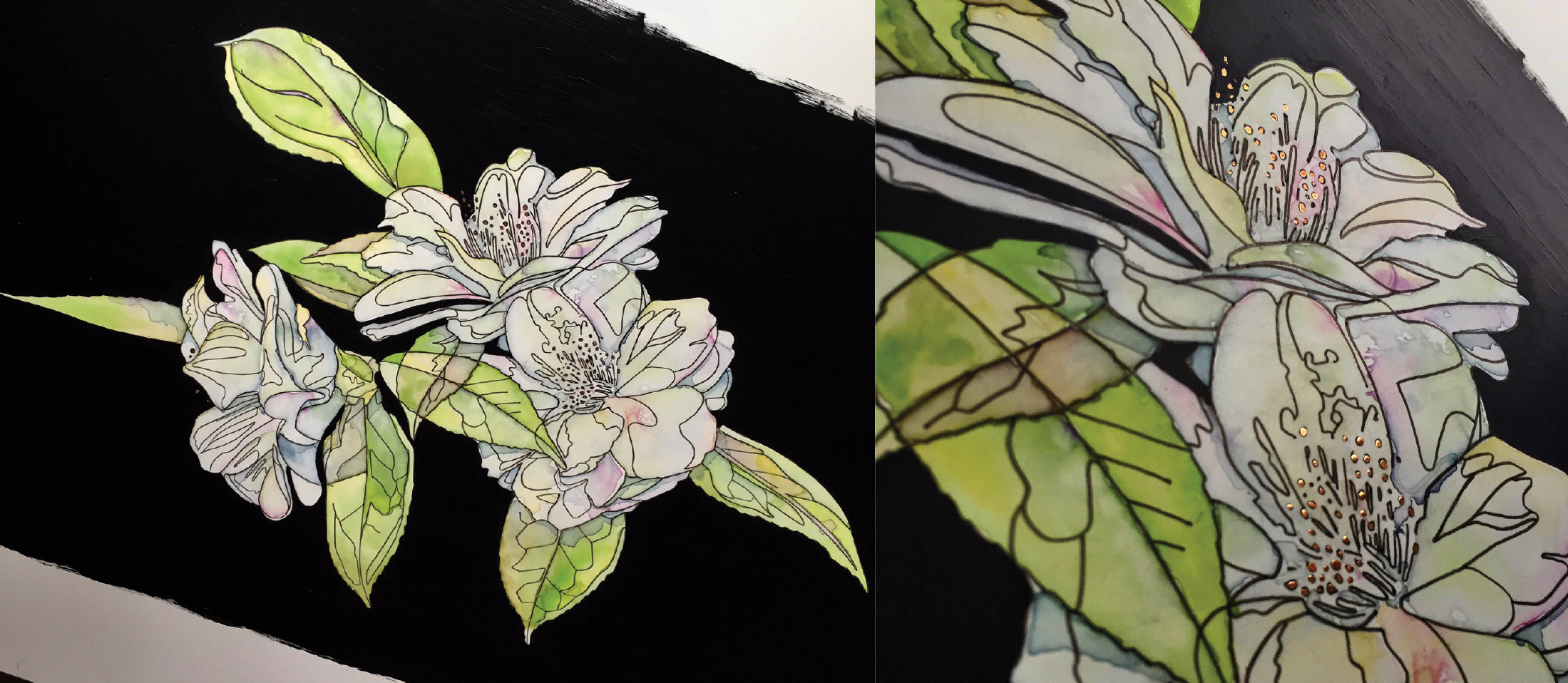 Watercolor on Yupo paper, with black acrylic background. Metallic liquid leaf detail.