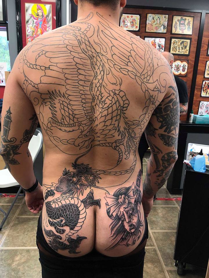In Progress of Cody’s Back Piece by Both Shawn and Richard