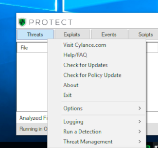 CylanceUI Advanced Menu