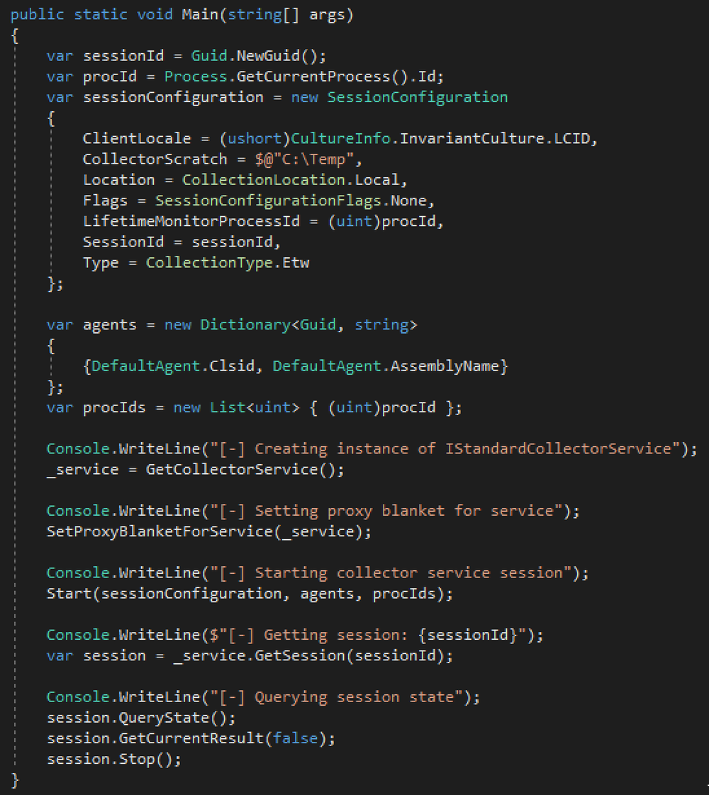 Code snippet of client used to interact with Collector service
