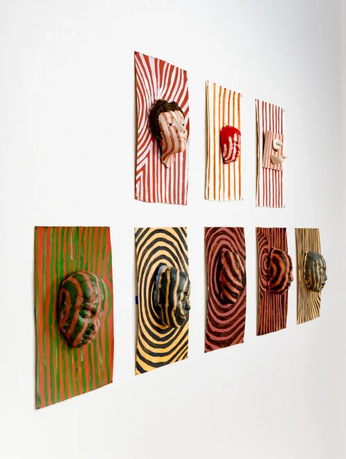 Aisha Tandiwe Bell, Bars, Scars, Camoflauge , stoneware clay, glaze, and acrylic on canvas, Dimensions vary