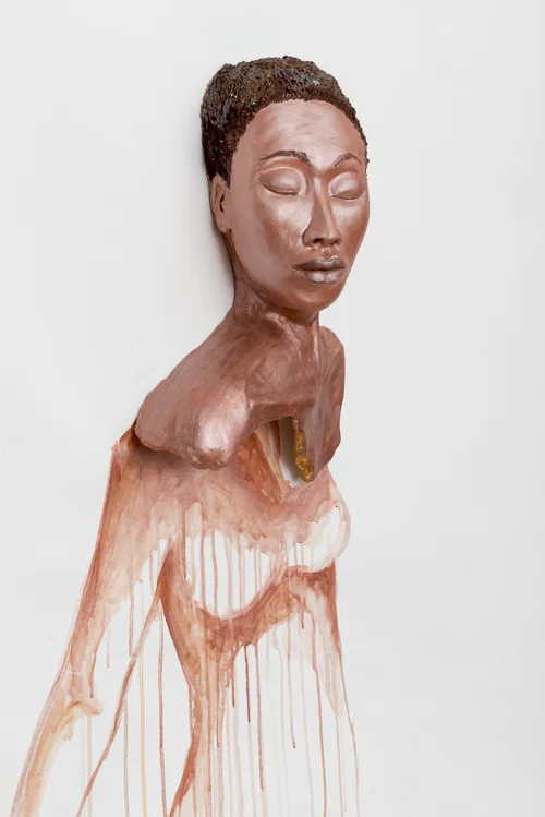 Aisha Tandiwe Bell, Fisher , 2017 Stoneware, tempera paint, acylic, goldleaf, gold twine on canvas, 57 x 48 inches (142.24 x 121.92 cm)