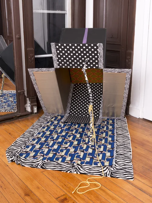 Aisha Tandiwe Bell, Trick Out Trap For… , 2017, cardboard, acrylic, fabric, rope, wood, 60 x 42 x 72 inches (152.4 x 106.68 x 182.88 cm)