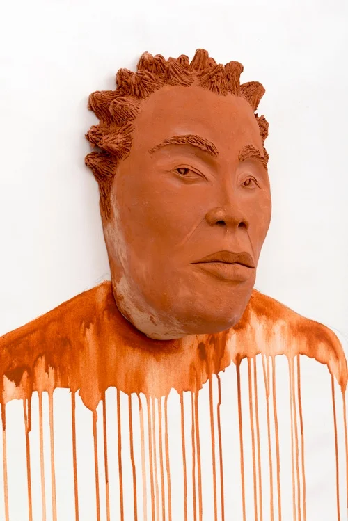 Aisha Tandiwe Bell, He Saw the Future Coming , 2017 terra-cotta, and acrylic on canvas, 57 x 36 inches (144.78 x 91.44 cm)