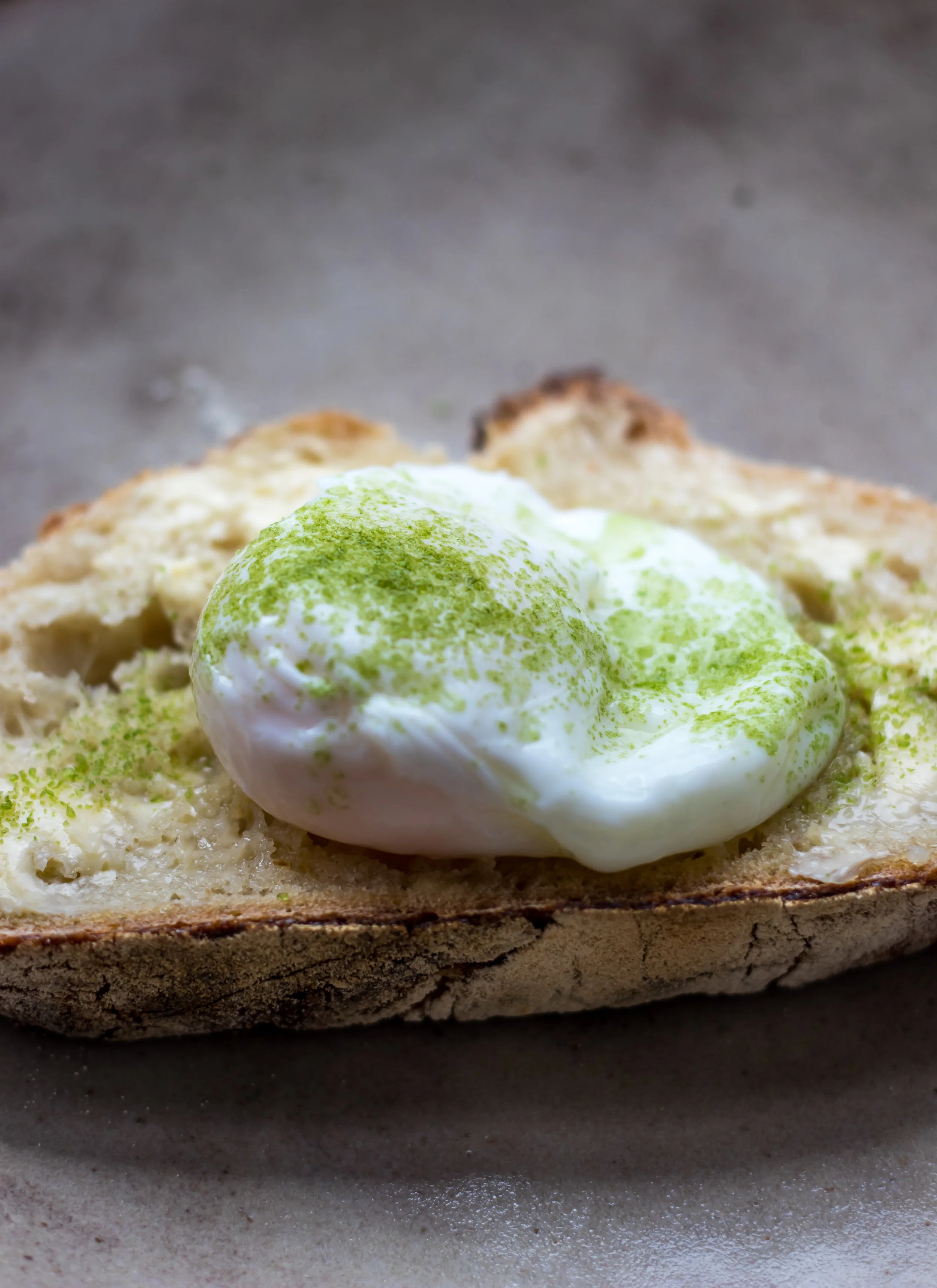 Poached eggs with matcha salt
