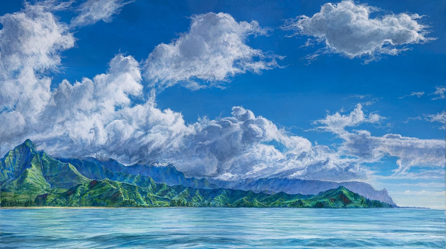 “A PERFECT DAY IN HANALEI'“ 24x16", Acrylic on Canvas “If you’ve ever spent a day relaxing on the beach or playing in the surf in Hanalei Bay, you know the surreal and picturesque beauty of the mountains, waterfalls, and clouds that constantly shift with the light and winds. This piece captures a moment, one of many perfect days.” Max Lemaire