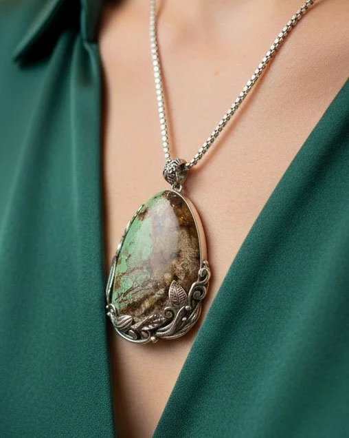 boho necklace, turquoise statement necklace, handcrafted silver jewelry, green turquoise stone,