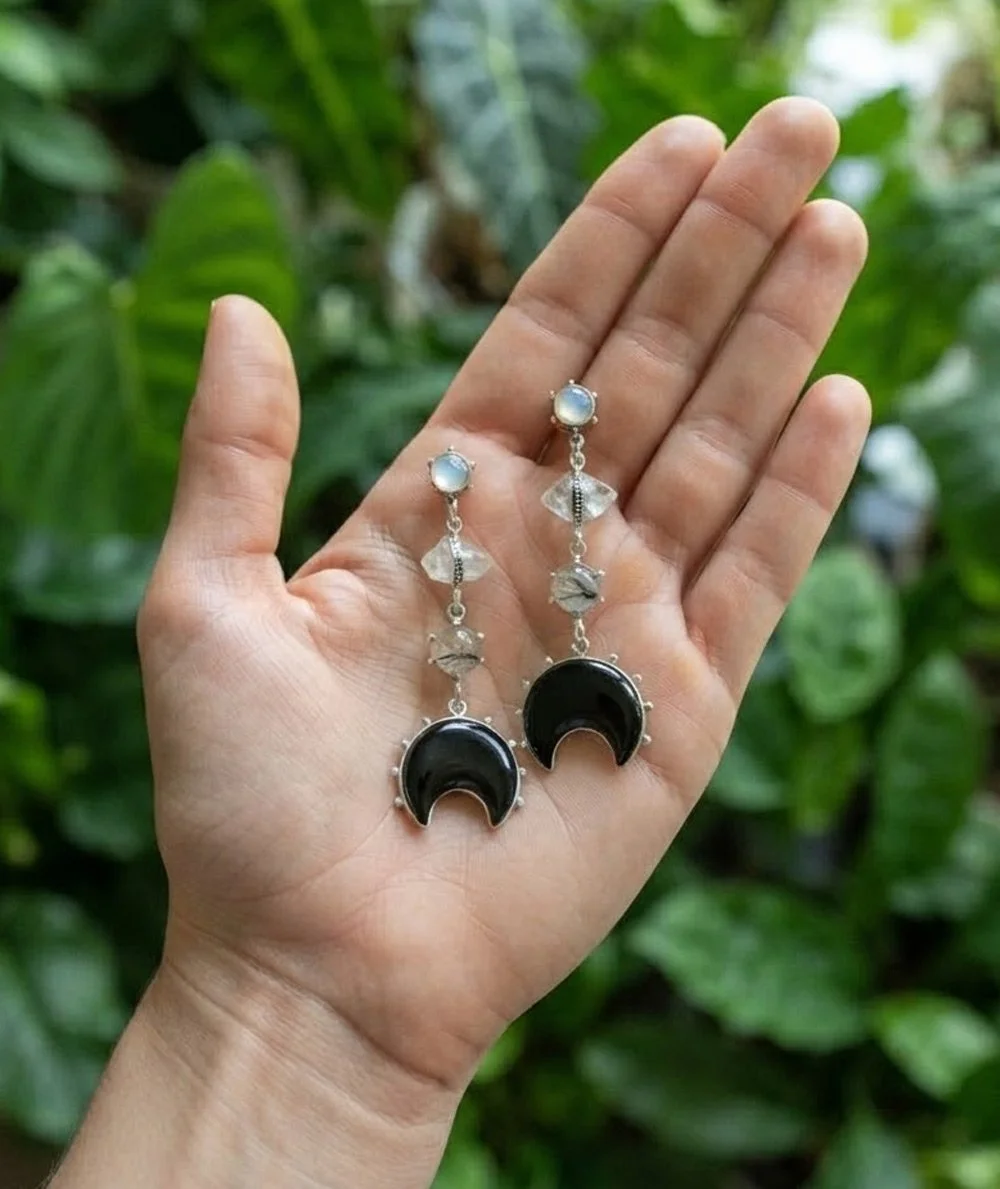 Black Onyx crescent moon sterling silver dangle earrings with Moonstone, Herkimer Diamond and Tourmalinated Quartz gemstones