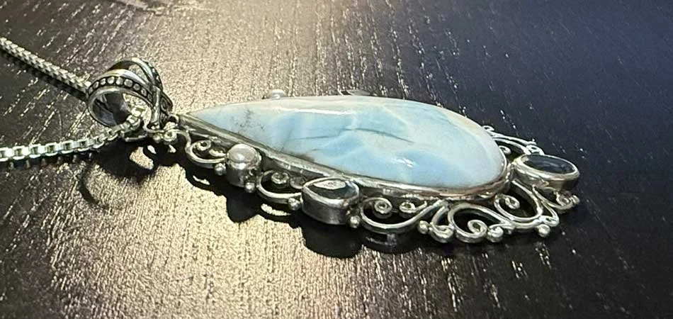 Larimar necklace, Boho jewelry, ocean gemstone, handcrafted jewelry, blue gemstone pendant, Caribbean gemstone, organic necklace, sustainable jewelry, nature-inspired jewelry