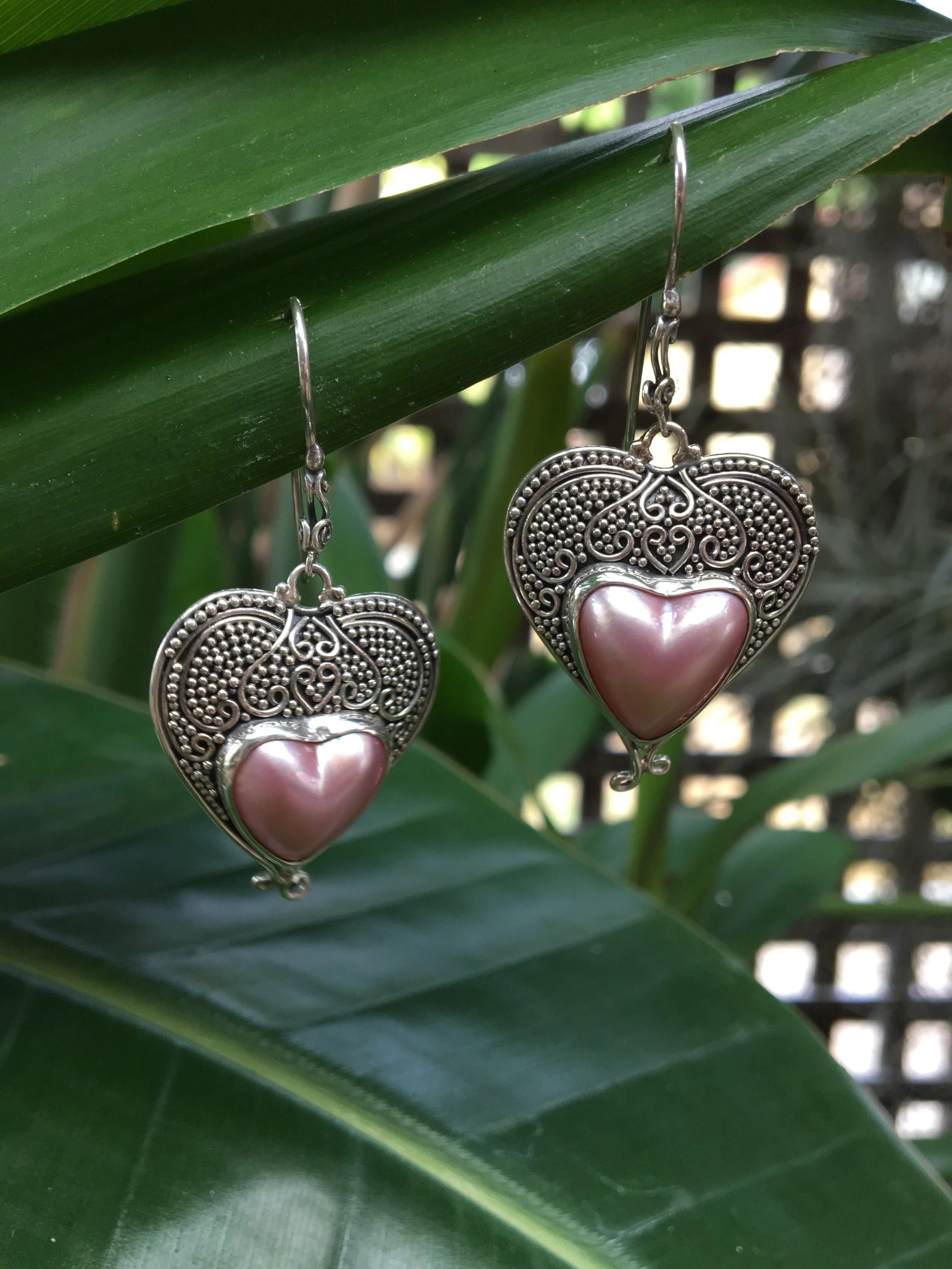 STERLING SILVER HEART SHAPED EARRINGS WITH PINK FRESH WATER PEARLS 