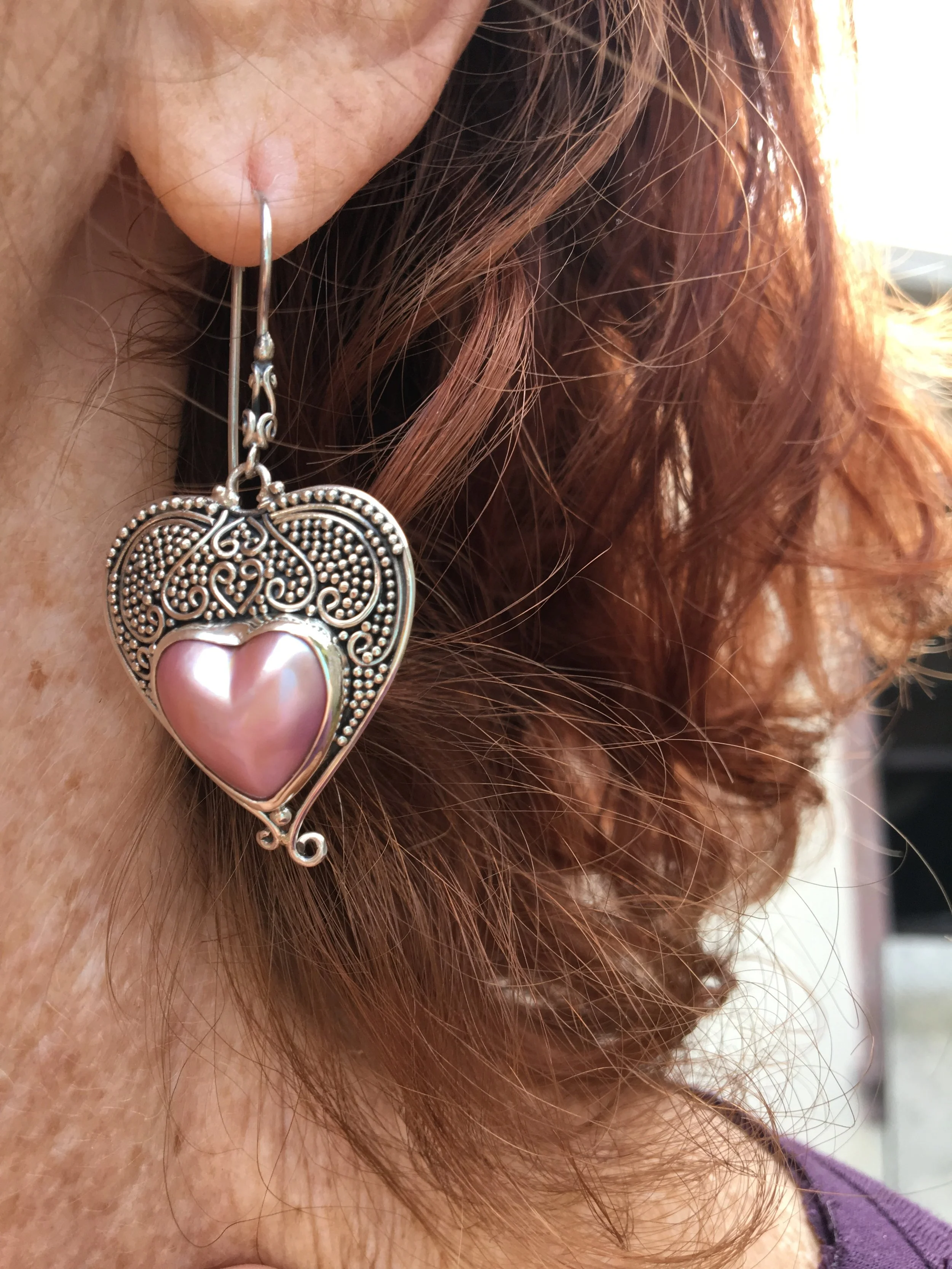 STERLING SILVER HEART SHAPED EARRINGS WITH PINK FRESH WATER PEARLS 
