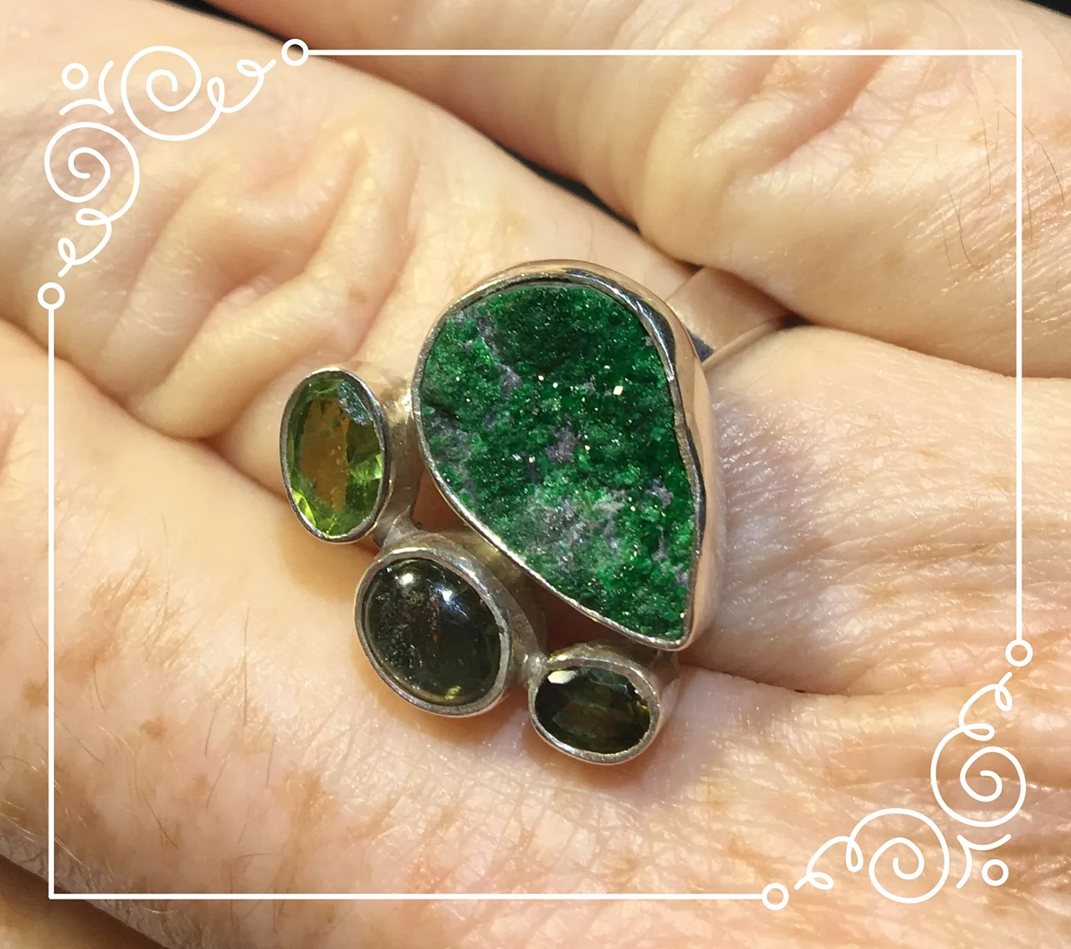 Uvarovite and Peridot Sterling Silver ring 