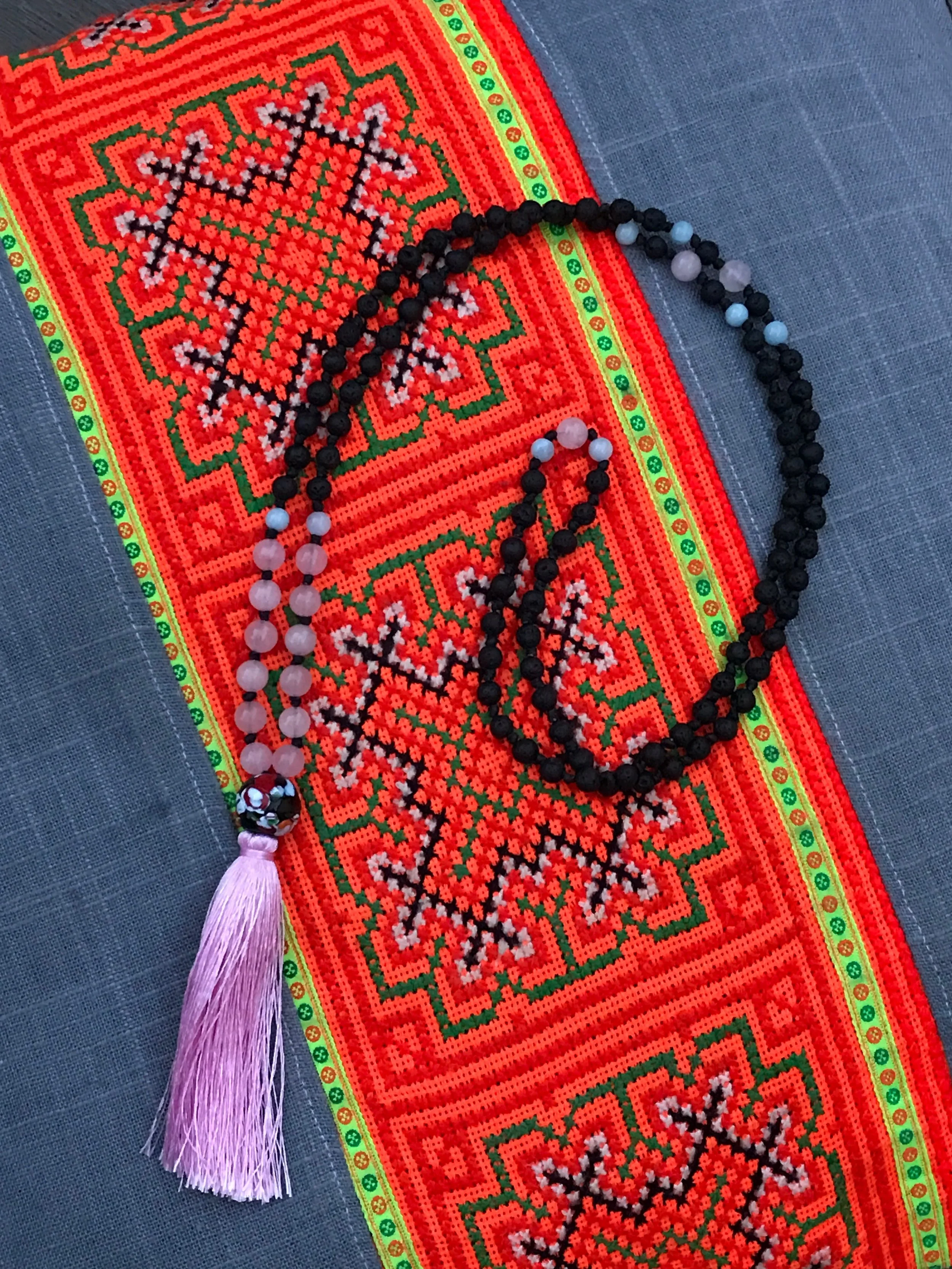 LAVA BEAD, ROSE QUARTZ &amp; AMAZONITE MALA