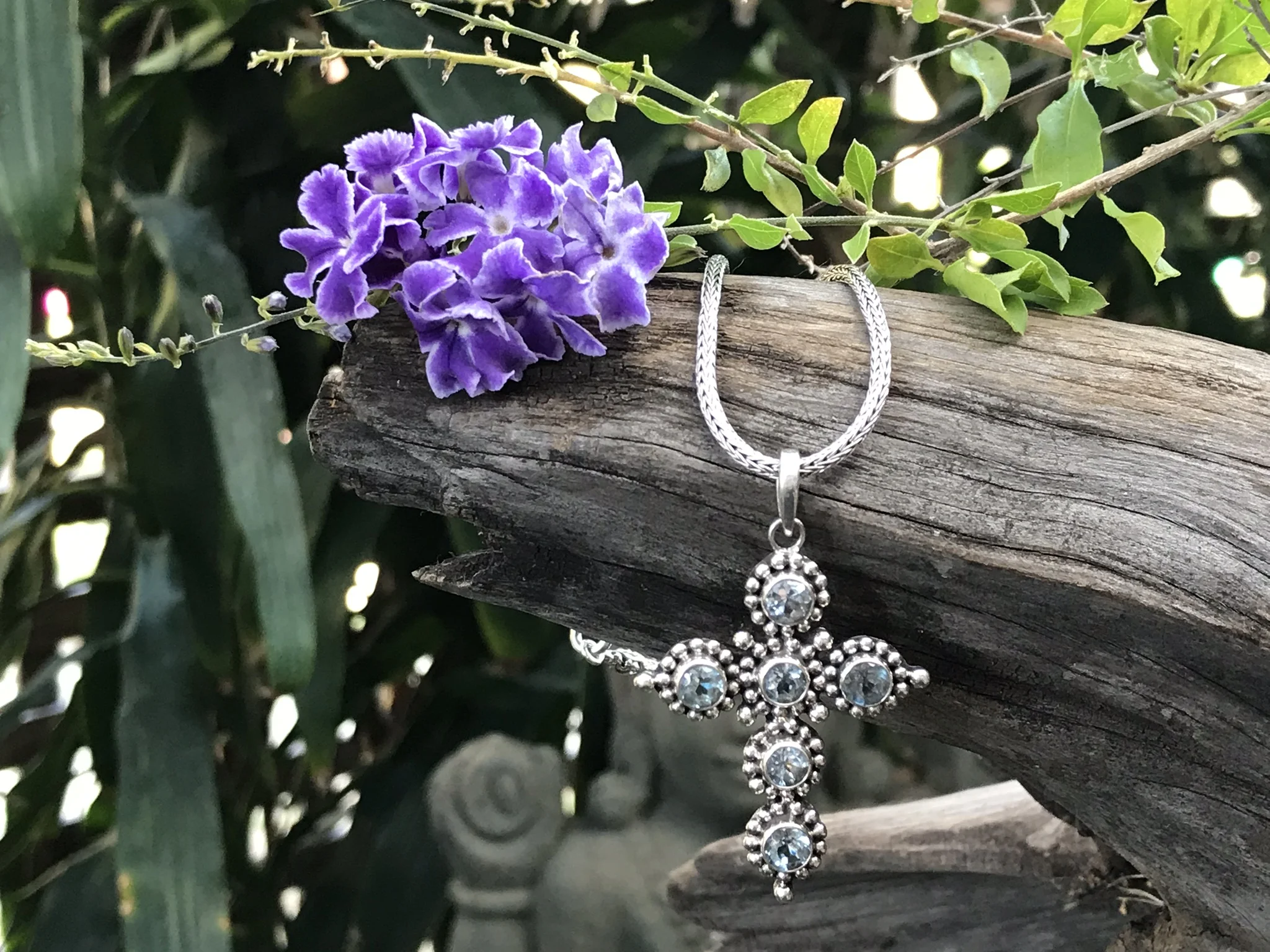 Cross pendant, blue topaz pendant, vintage jewelry, antique finish, sterling silver cross, elegant design, gemstone cross, sophisticated jewelry, timeless charm