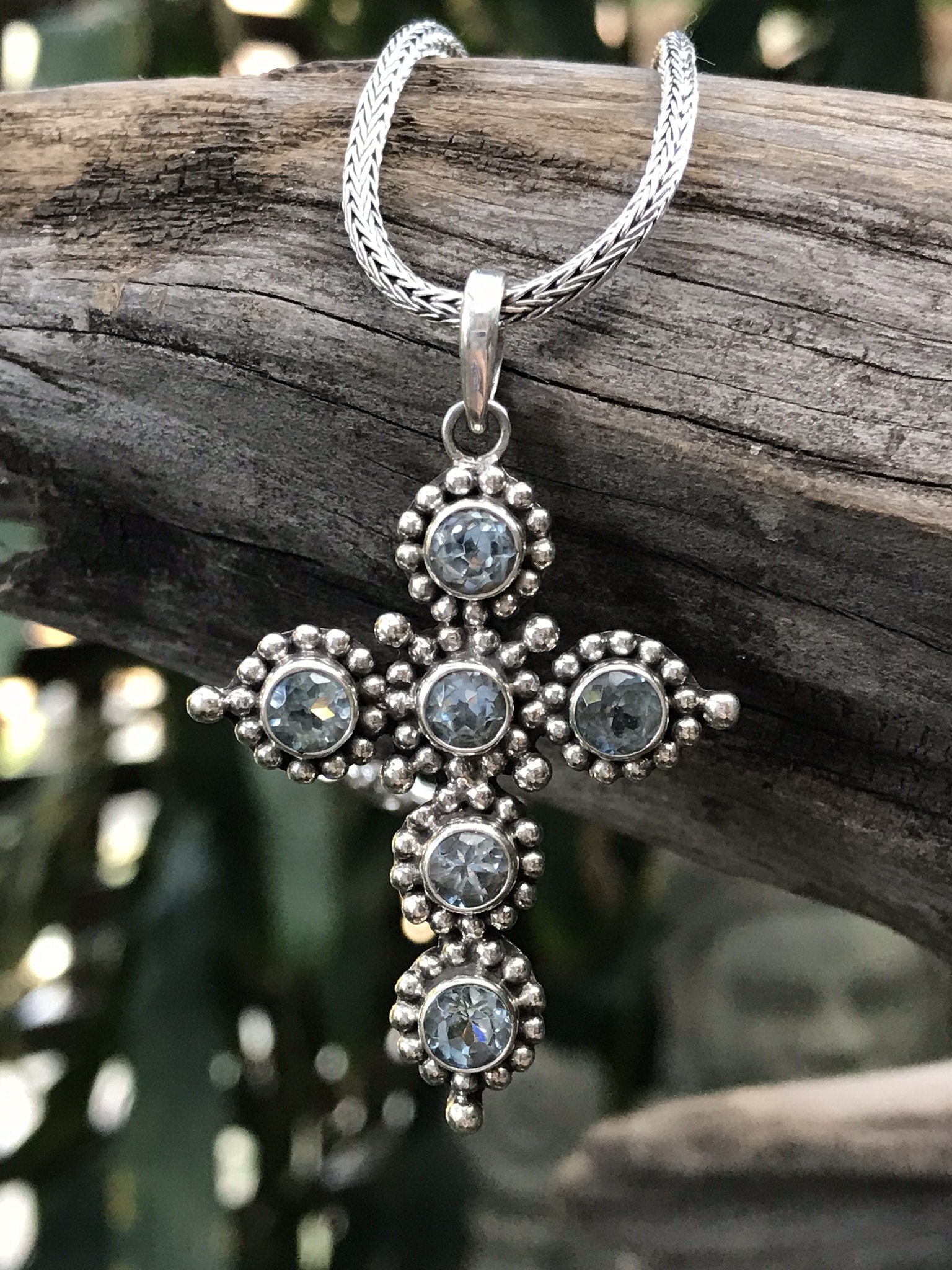 Cross pendant, blue topaz pendant, vintage jewelry, antique finish, sterling silver cross, elegant design, gemstone cross, sophisticated jewelry, timeless charm