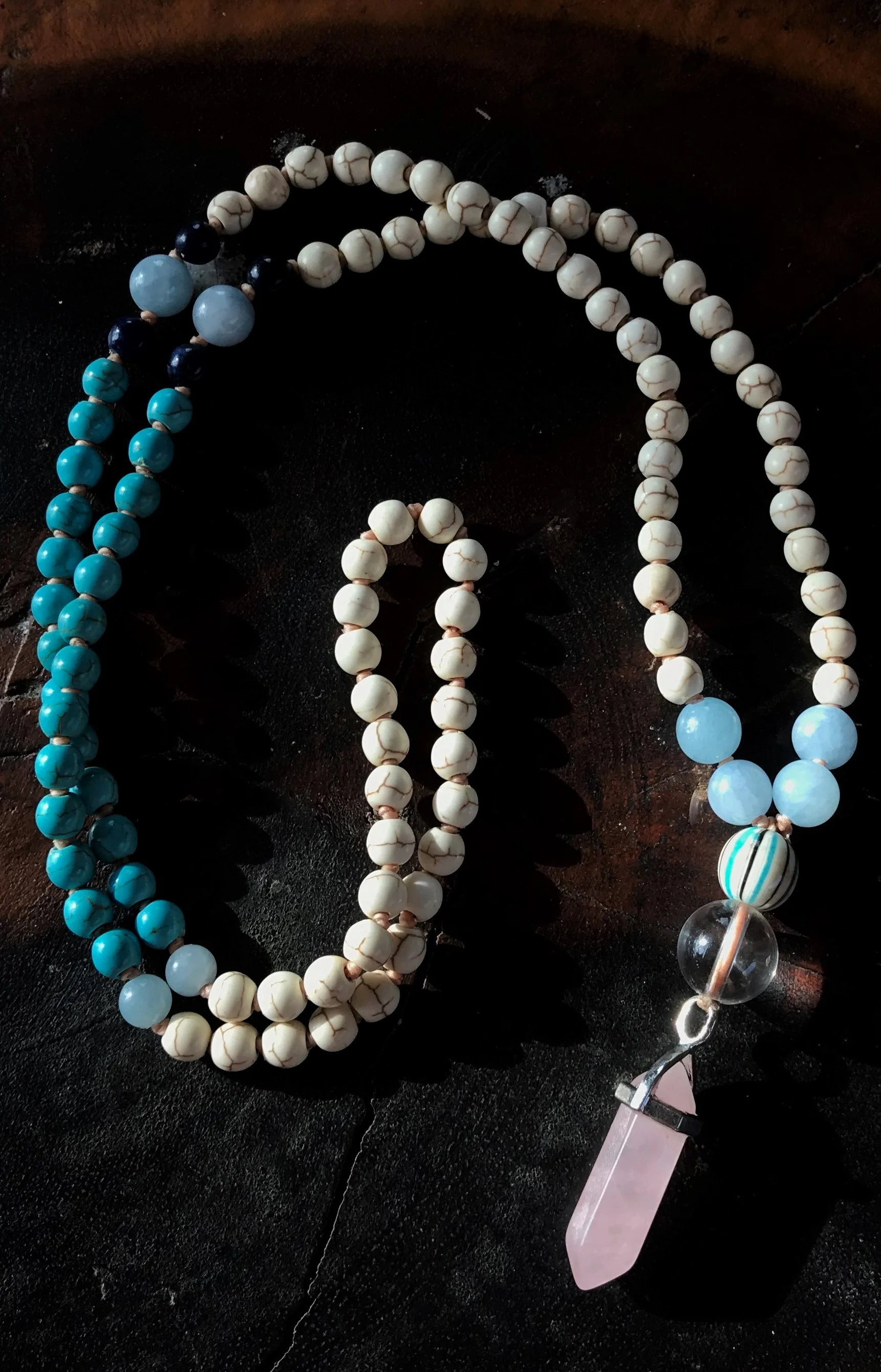 HOWLITE, AMAZONITE, TURQUOISE, LAPIS, QUARTZ MALA