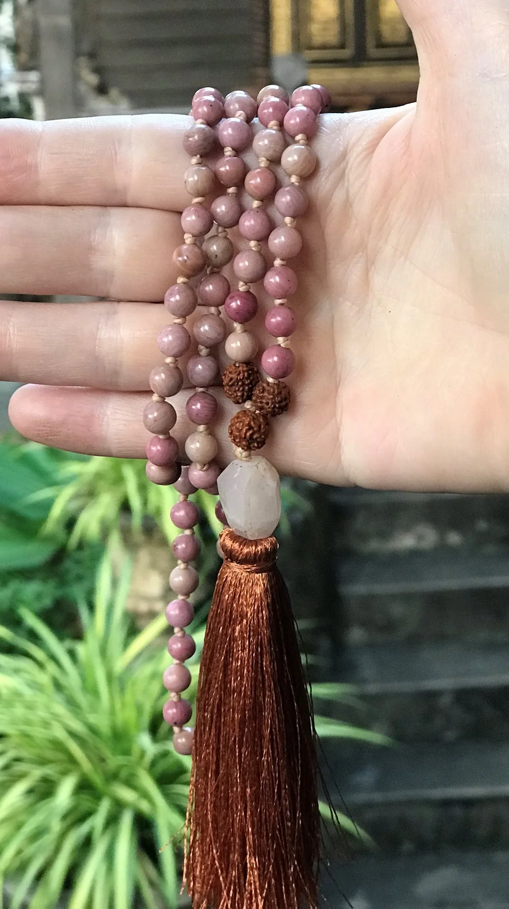 RHODONITA,  RUDRAKSHA MALA 