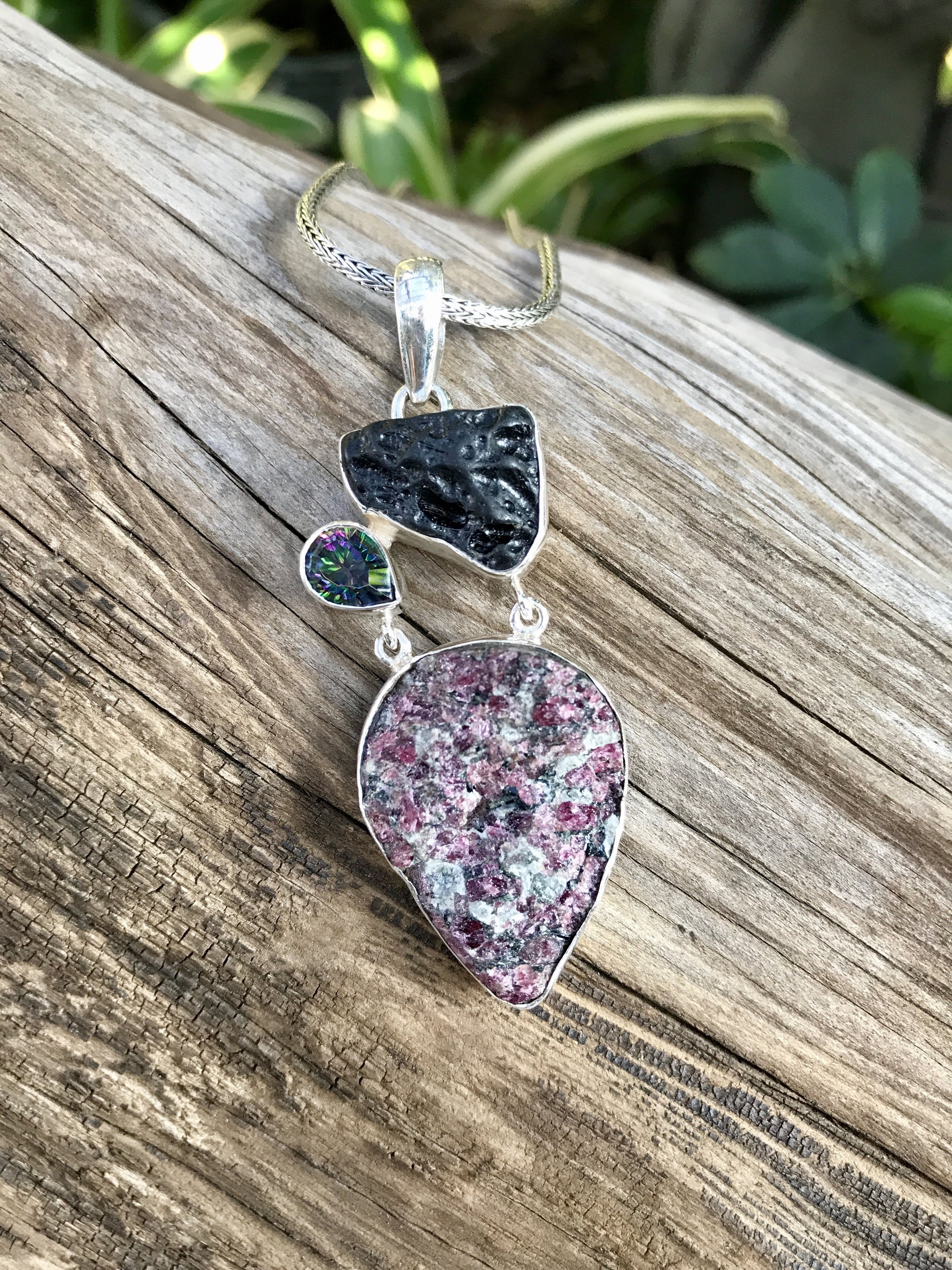 Eudialyte, Lava stone, Mystic Topaz pendant