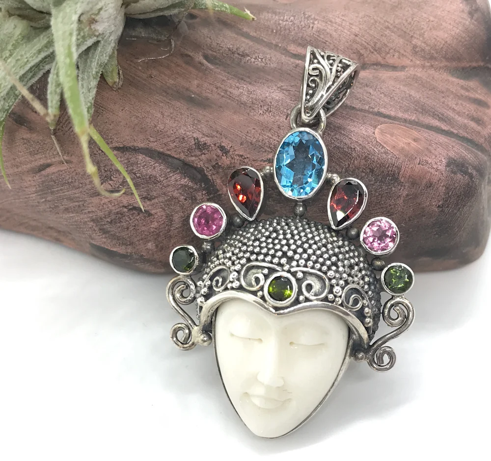Bali Goddess, carved bone and mixed gemstones