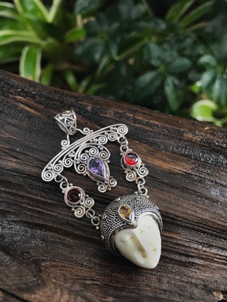 Bone carved face, sterling siver pendant, garnet, amethyst, citrine, Bali Goddess