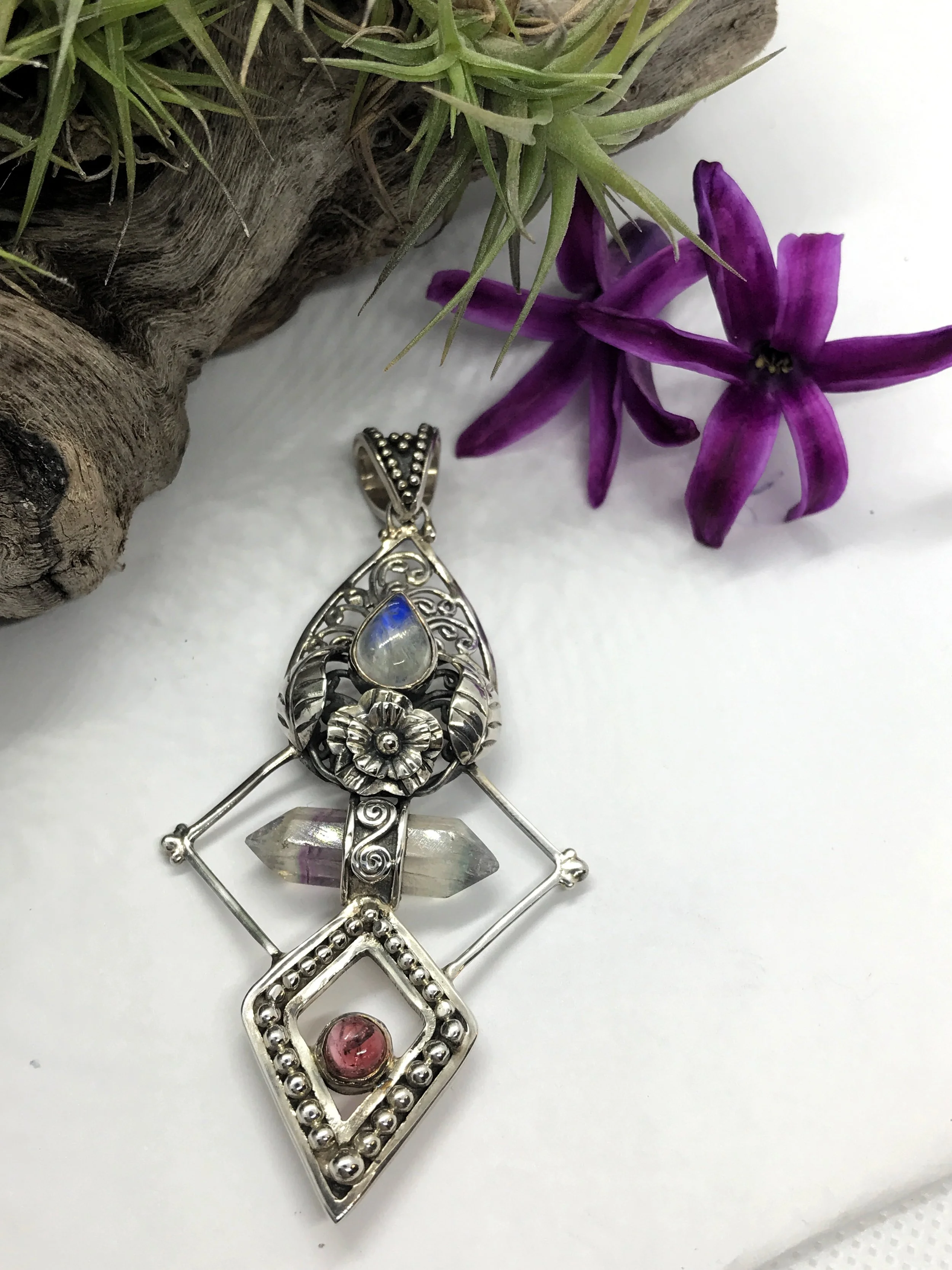 AMETHYST, FLUORITE, MOONSTONE, TOURMALINE, STERLING SILVER PENDANT, BALI