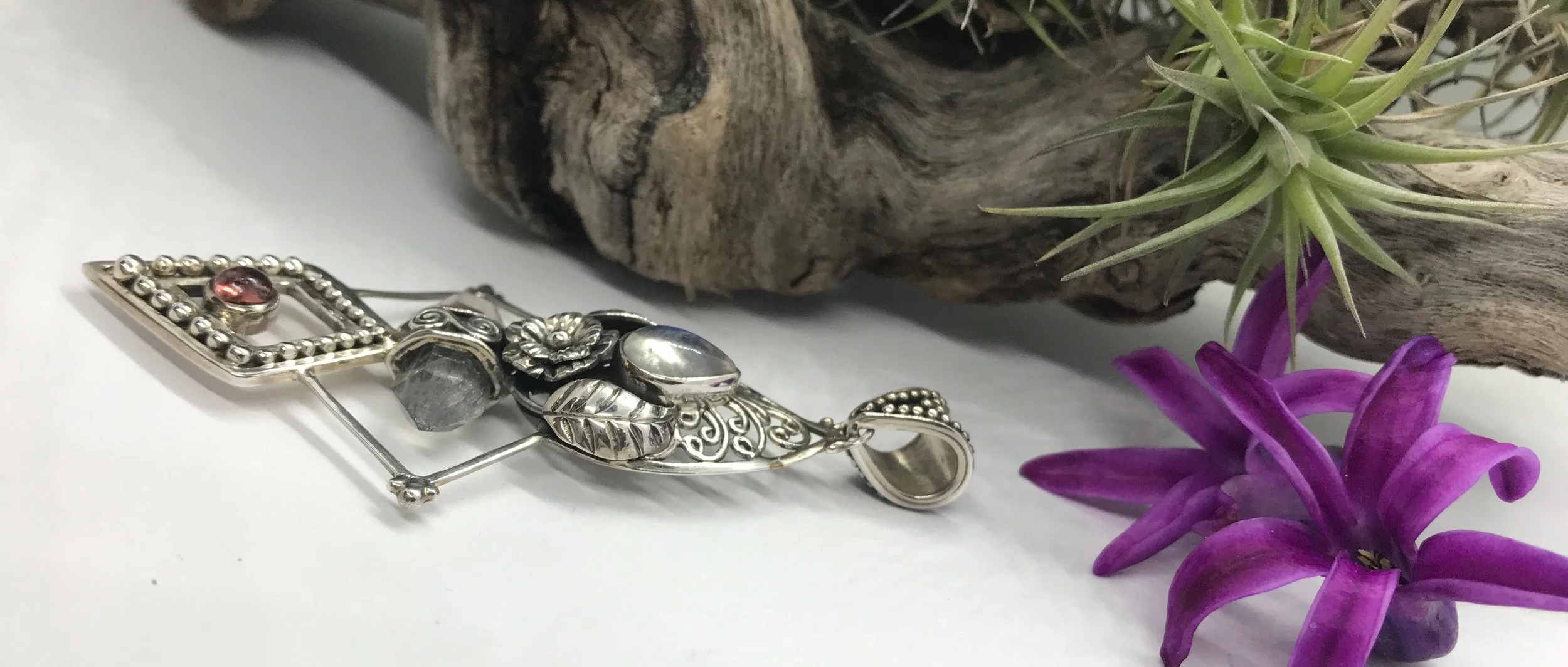 AMETHYST, FLUORITE, MOONSTONE, TOURMALINE, STERLING SILVER PENDANT, BALI