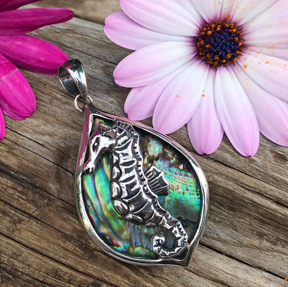 seahorse pendant, abalone, sterling silver