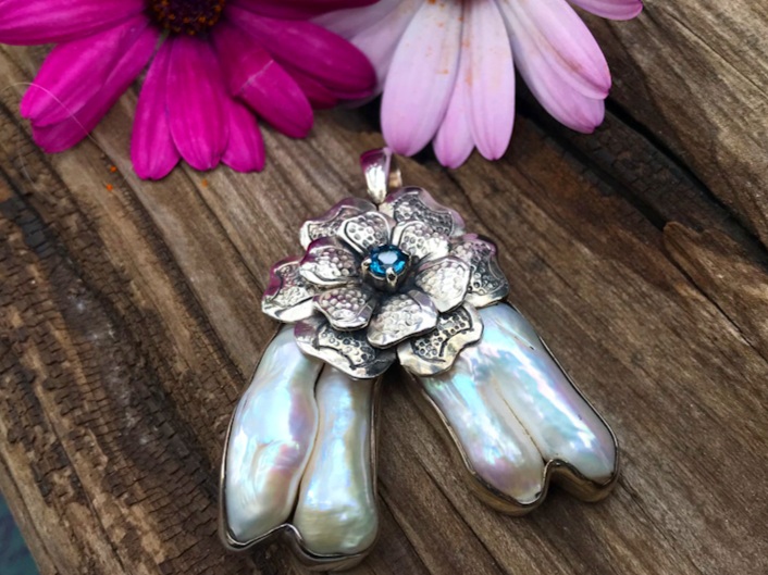 freshwater pearl, aquamarine, sterling silver, pendant