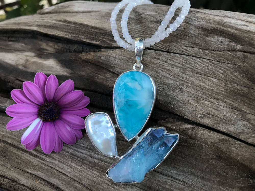 Larimar, pearl, Aqua Aura Quartz, pendant