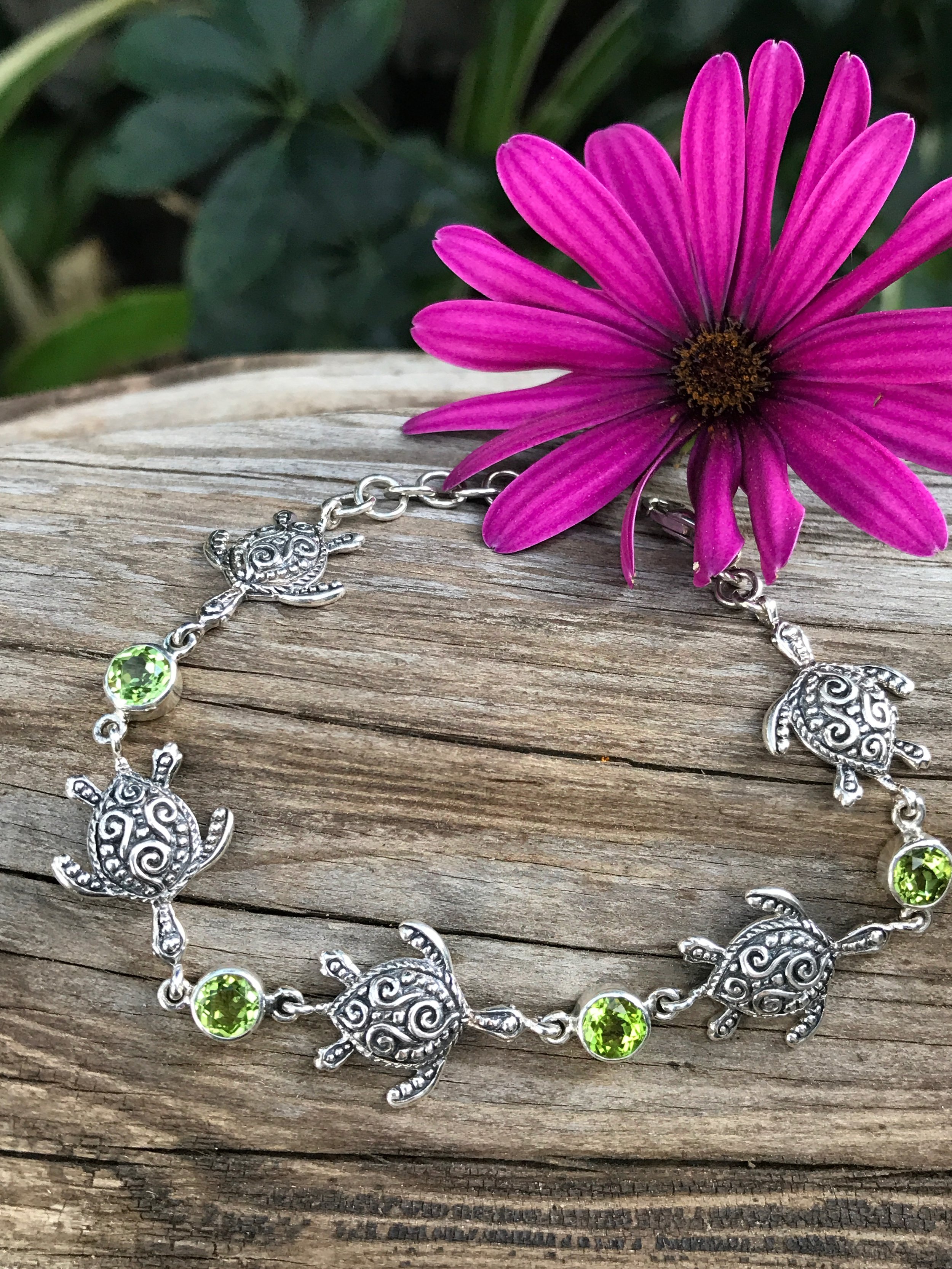 Sea Turtle and Peridot sterling silver bracelet